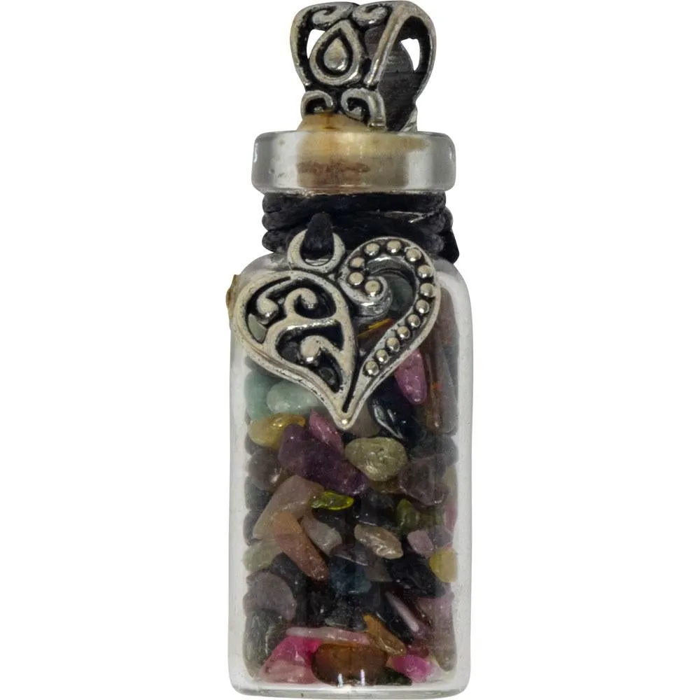 1.75" Gemstone Chip Bottle Necklace - Tourmaline with Heart