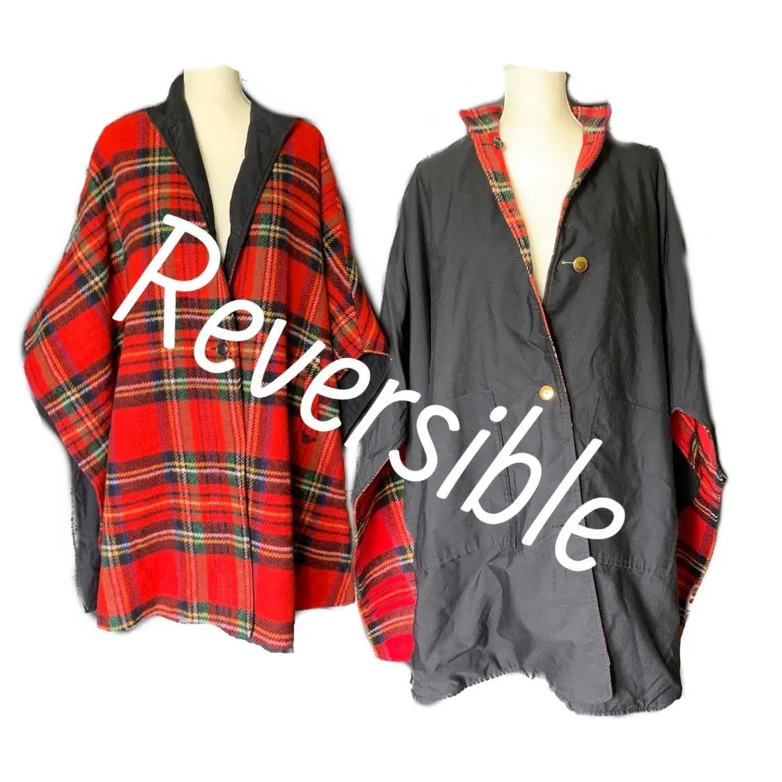 1960s Reversible Wool Poncho Cape in Red Tartan Plaid and Black Cotton. Two in one!