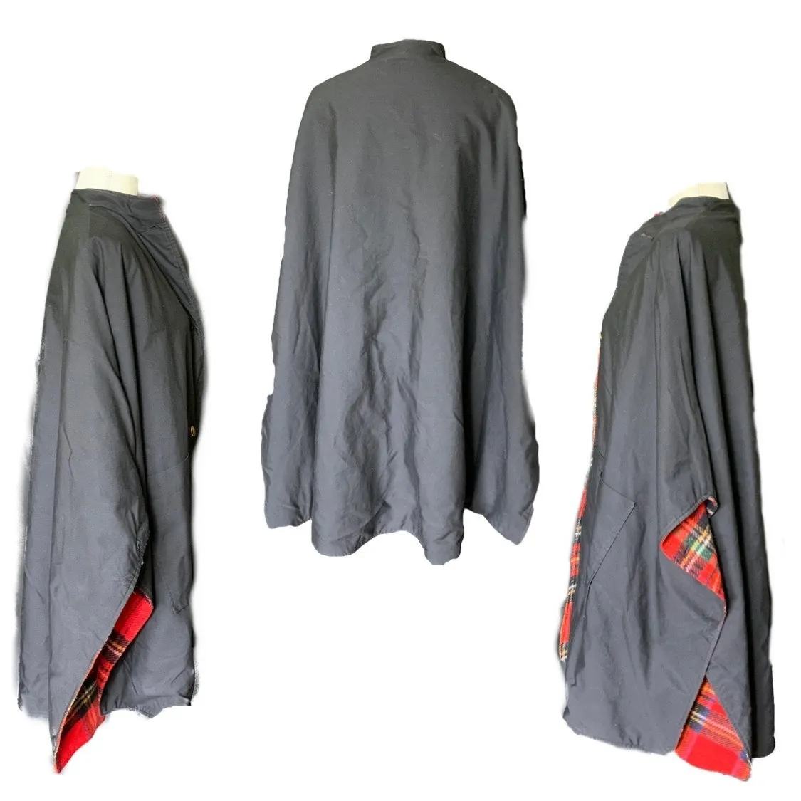 1960s Reversible Wool Poncho Cape in Red Tartan Plaid and Black Cotton. Two in one!