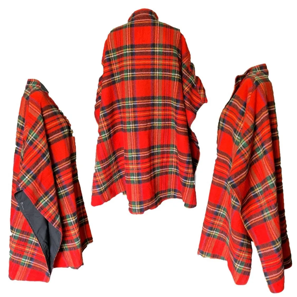 1960s Reversible Wool Poncho Cape in Red Tartan Plaid and Black Cotton. Two in one!