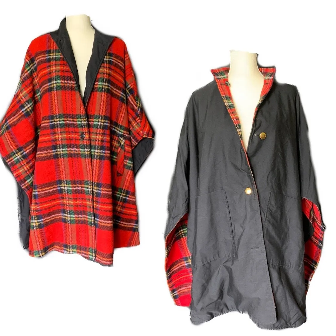 1960s Reversible Wool Poncho Cape in Red Tartan Plaid and Black Cotton. Two in one!