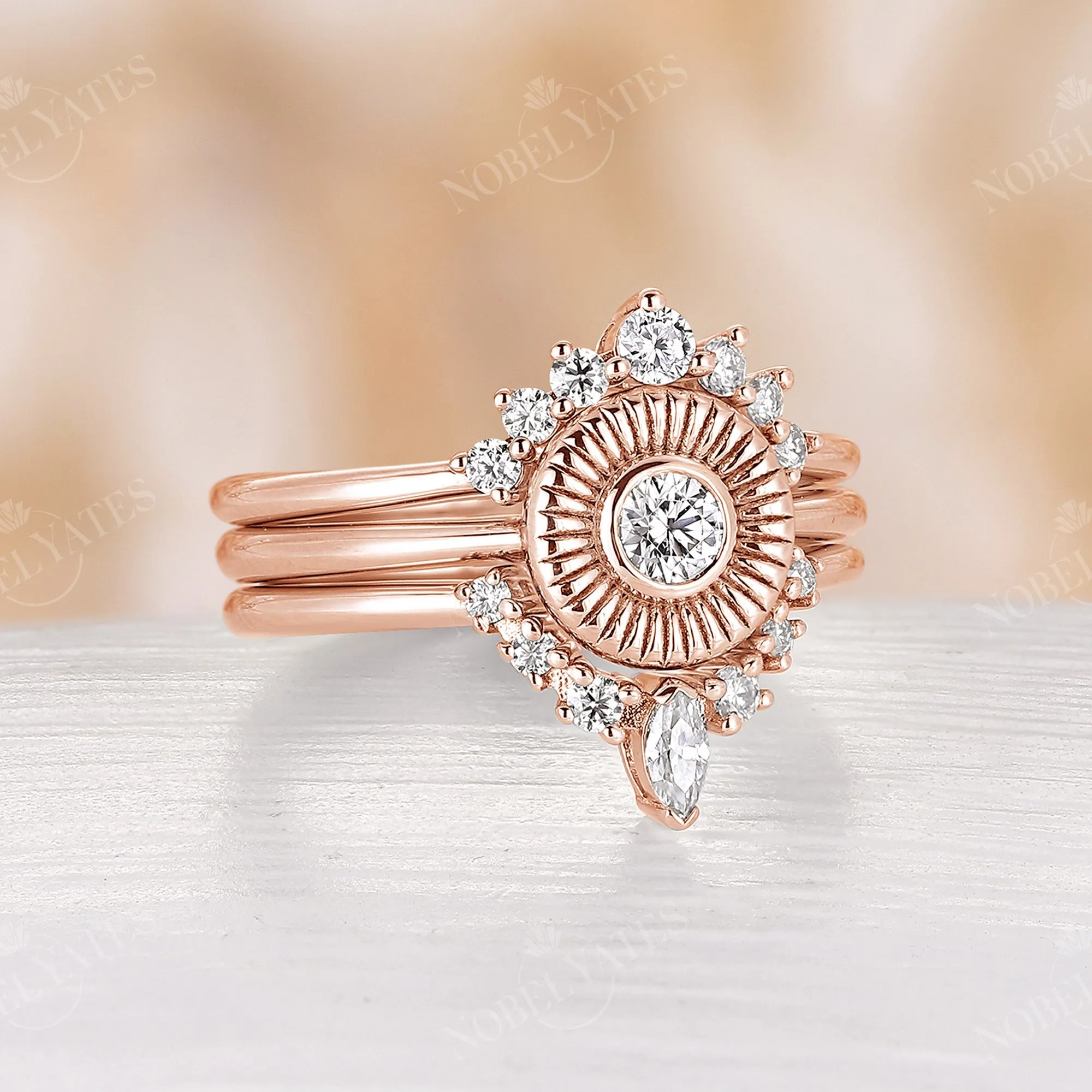 3PCS Round Moissanite Vintage Halo Engagement Ring Set Rose Gold