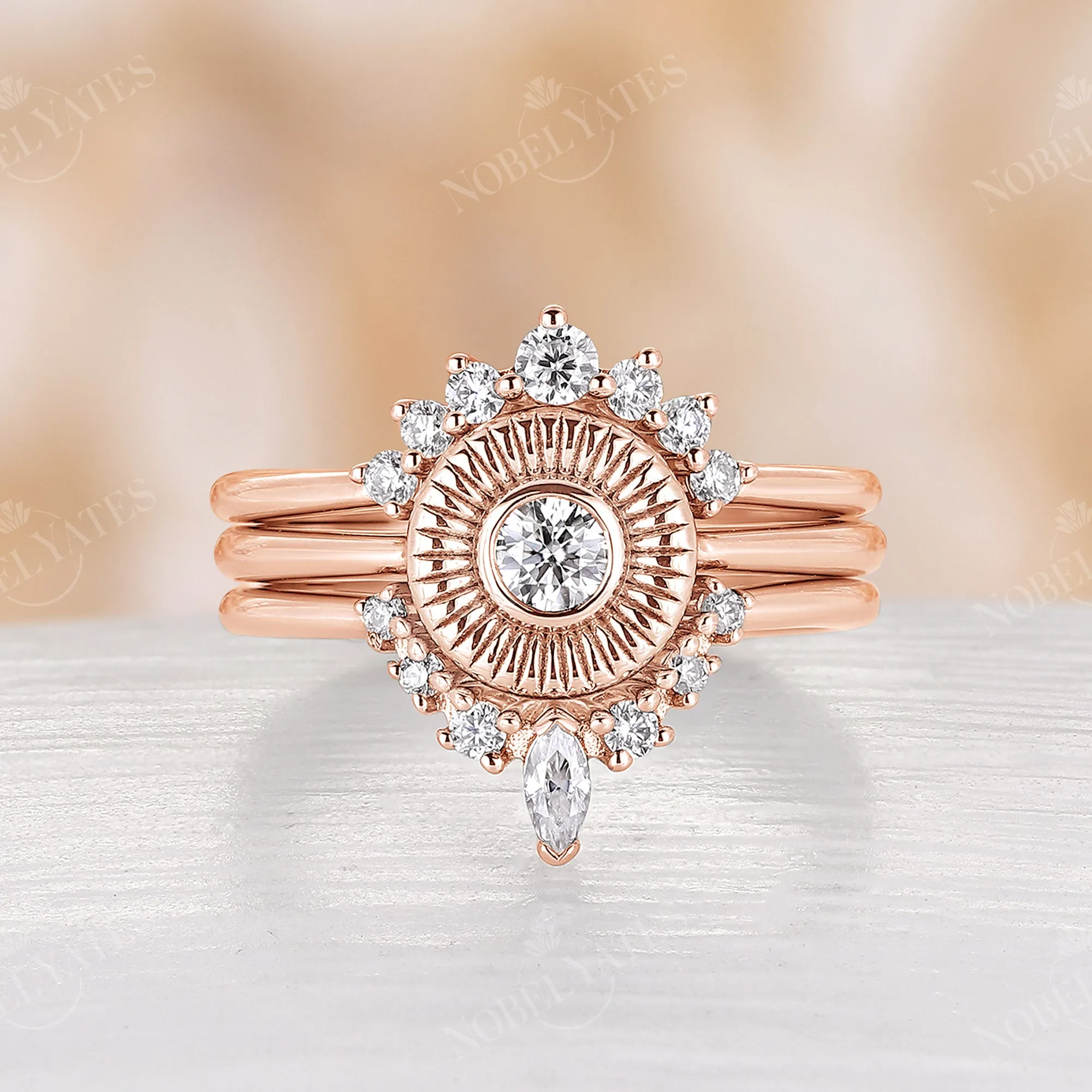 3PCS Round Moissanite Vintage Halo Engagement Ring Set Rose Gold