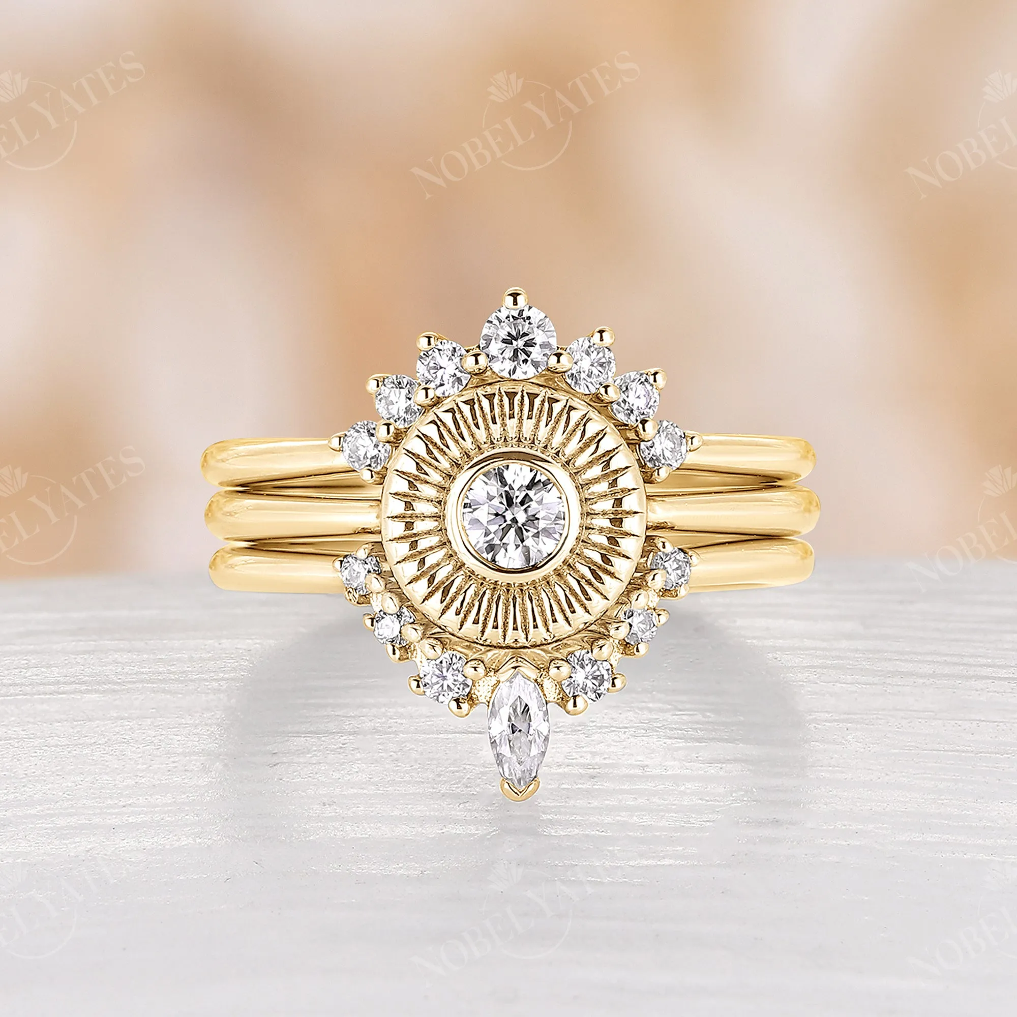 3PCS Round Moissanite Vintage Halo Engagement Ring Set Rose Gold