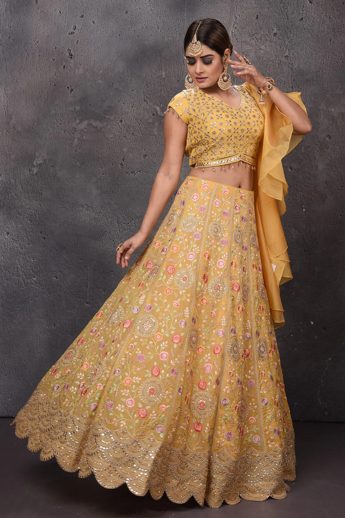 502829 Mango Yellow Embroidered Scalloped Lehenga with Dupatta