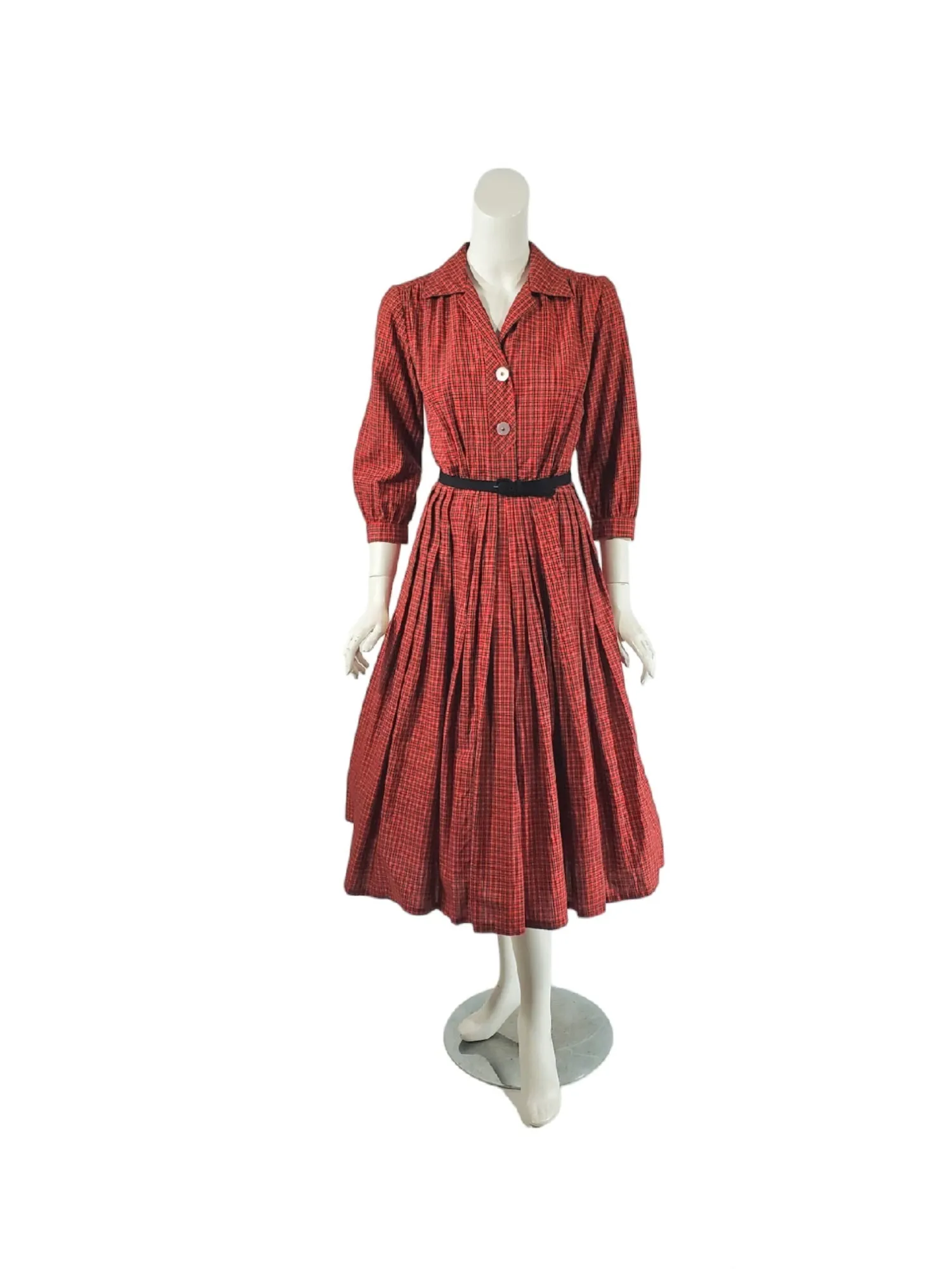 50s Red Plaid Shirtwaist Dress - sm