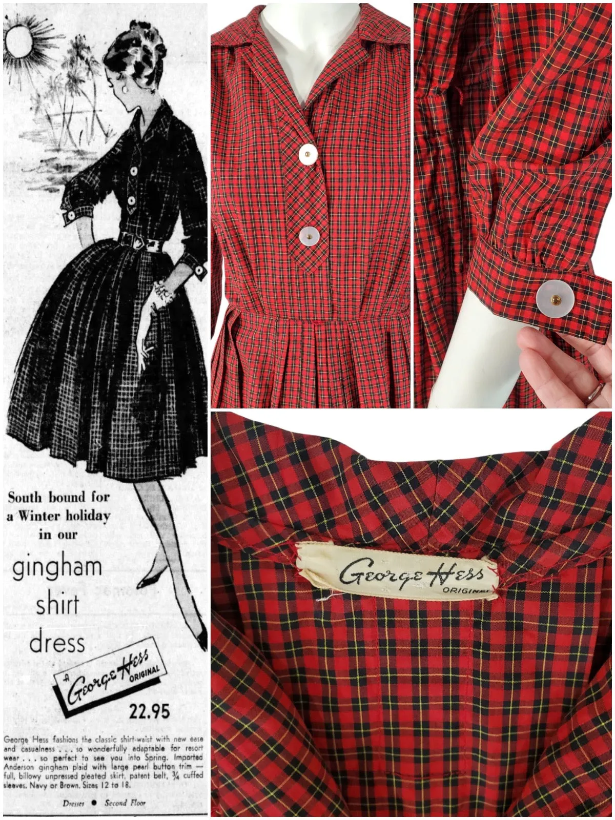 50s Red Plaid Shirtwaist Dress - sm