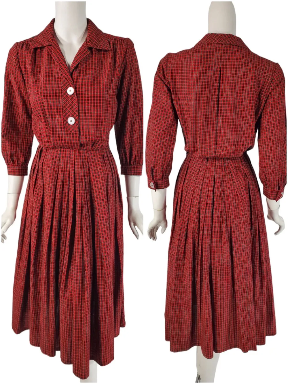 50s Red Plaid Shirtwaist Dress - sm