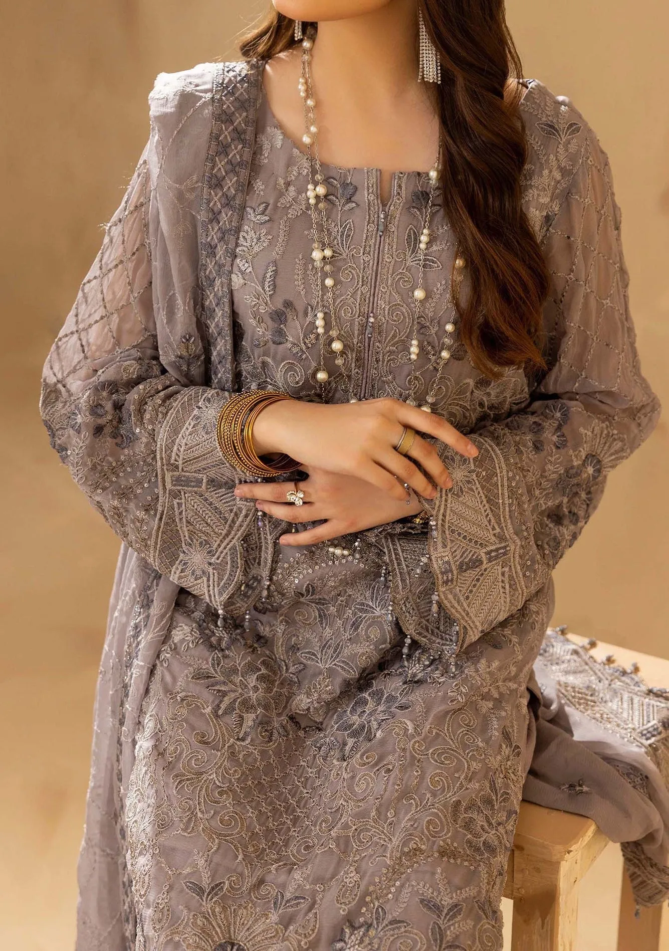 Adan's Libas Pakistani Embroidered Chiffon Dress