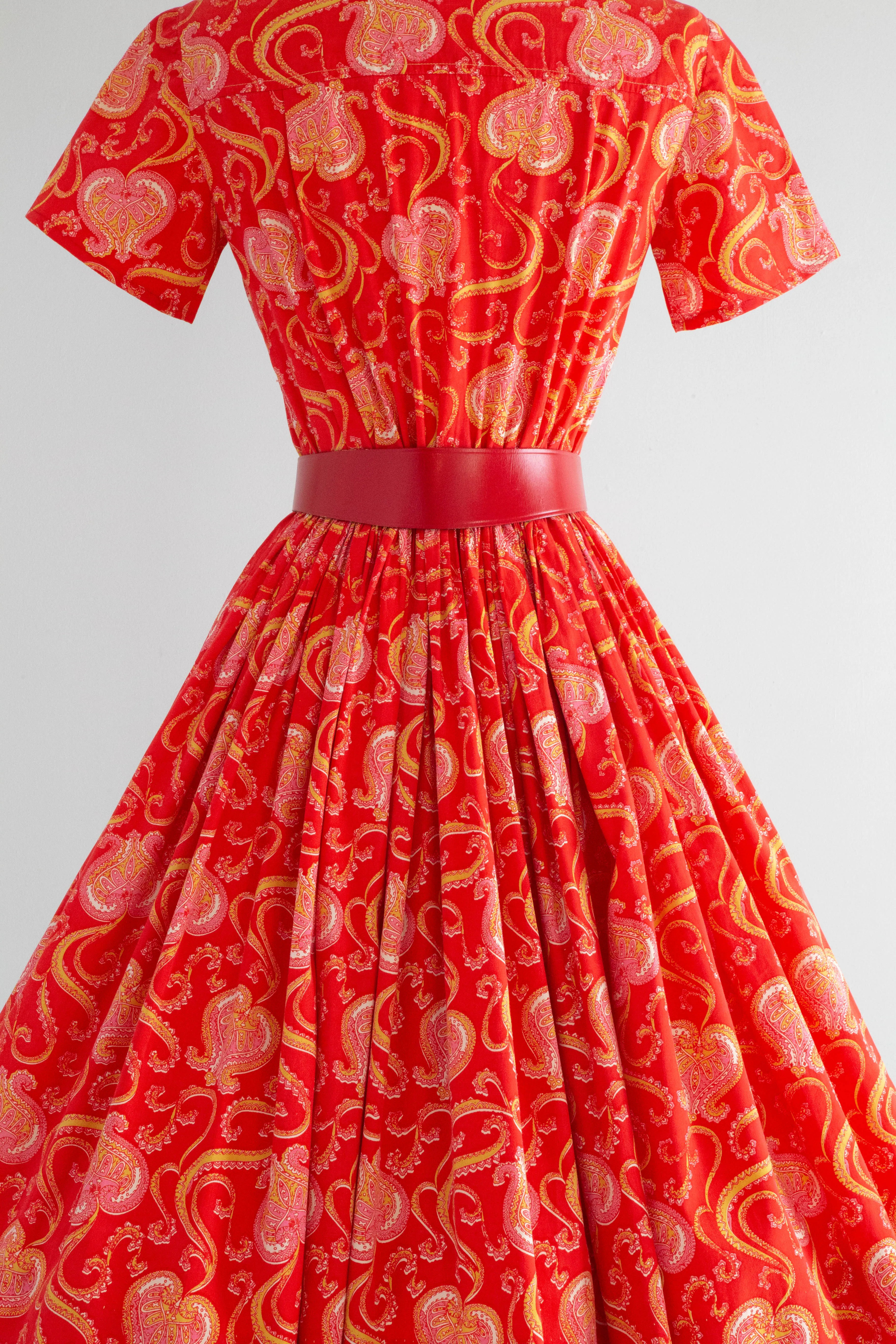 Adorable 1950's Red Cotton Day Dress With Love Hearts / Medium