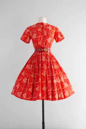 Adorable 1950's Red Cotton Day Dress With Love Hearts / Medium