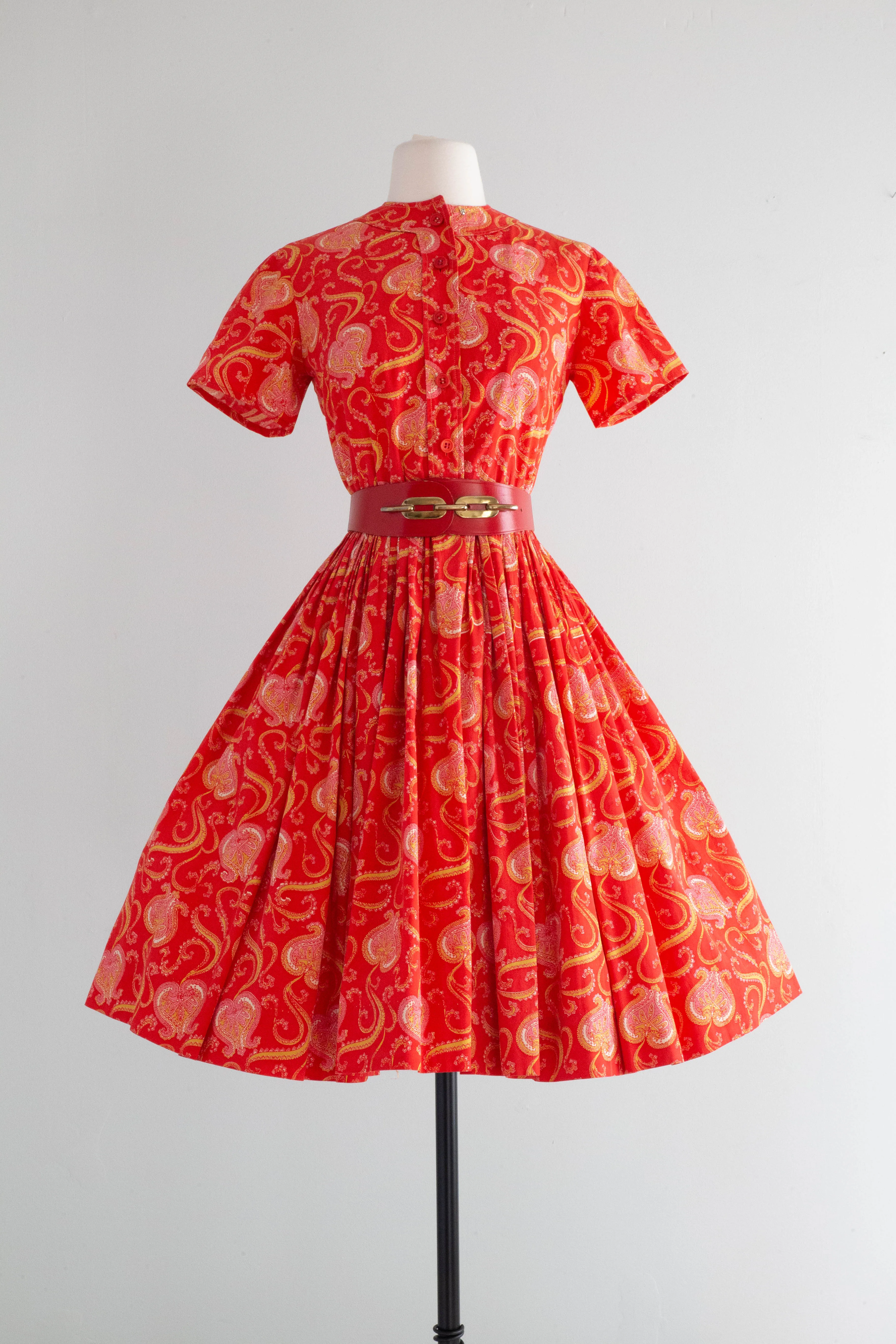 Adorable 1950's Red Cotton Day Dress With Love Hearts / Medium