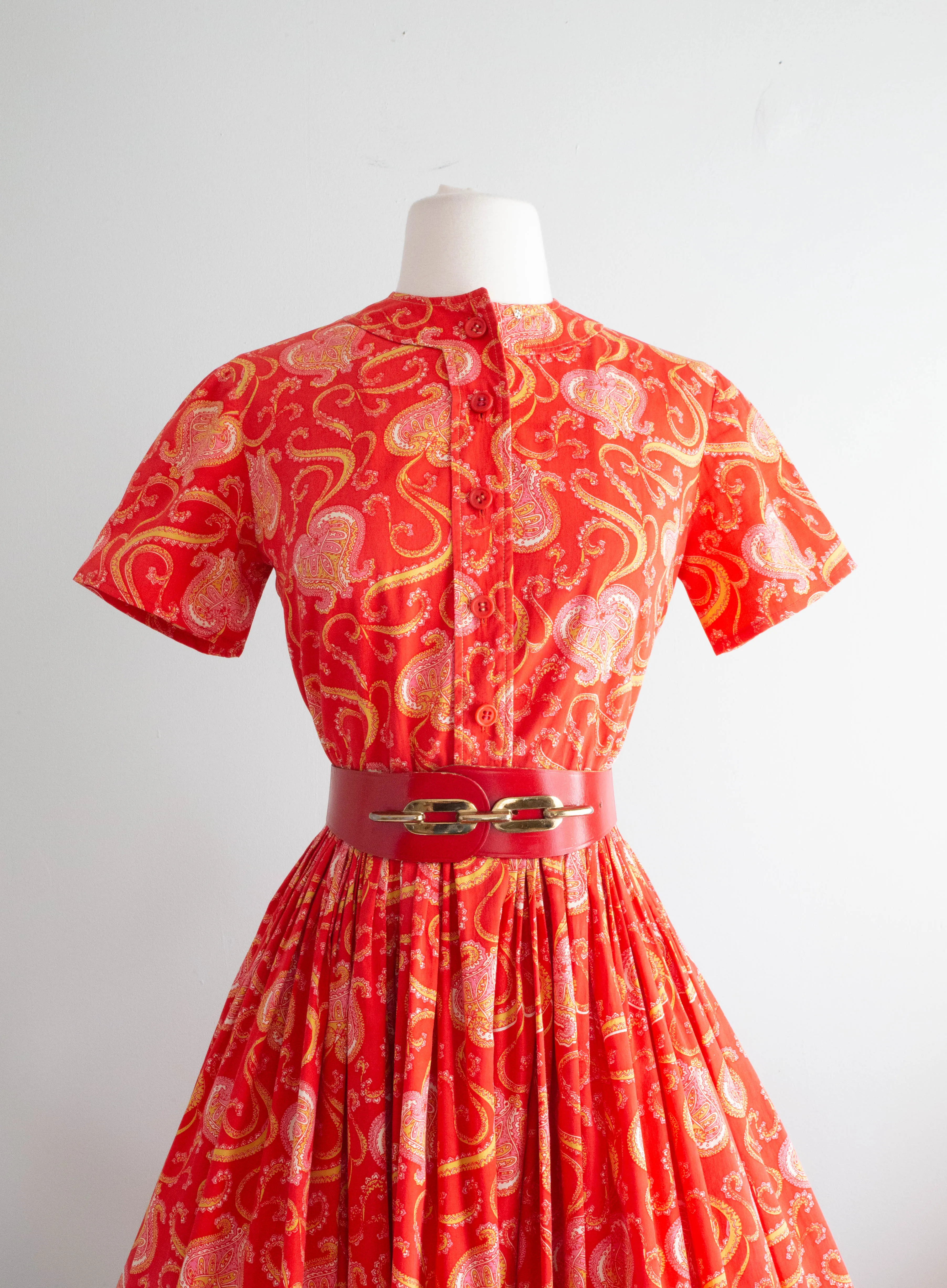 Adorable 1950's Red Cotton Day Dress With Love Hearts / Medium