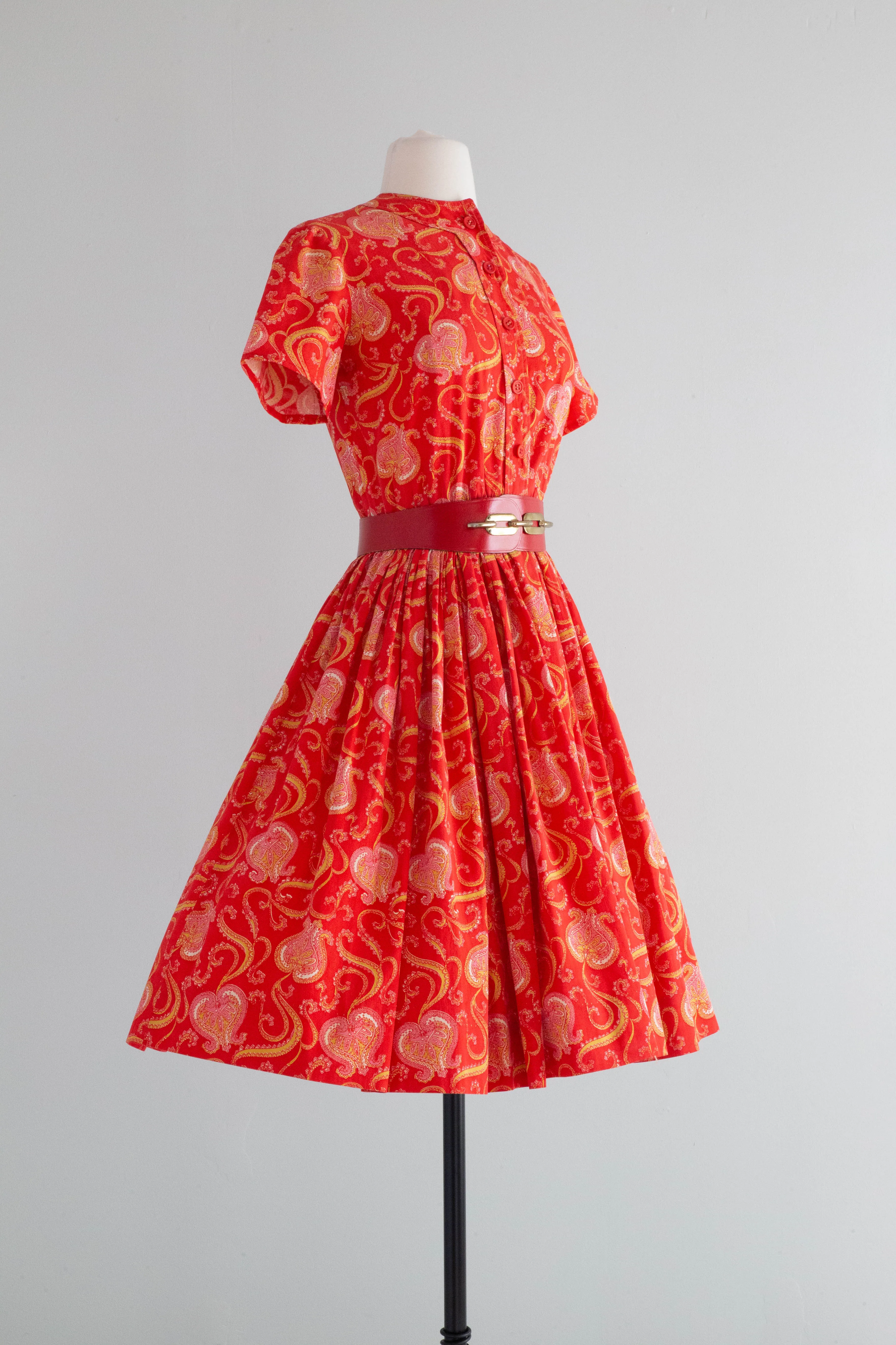 Adorable 1950's Red Cotton Day Dress With Love Hearts / Medium