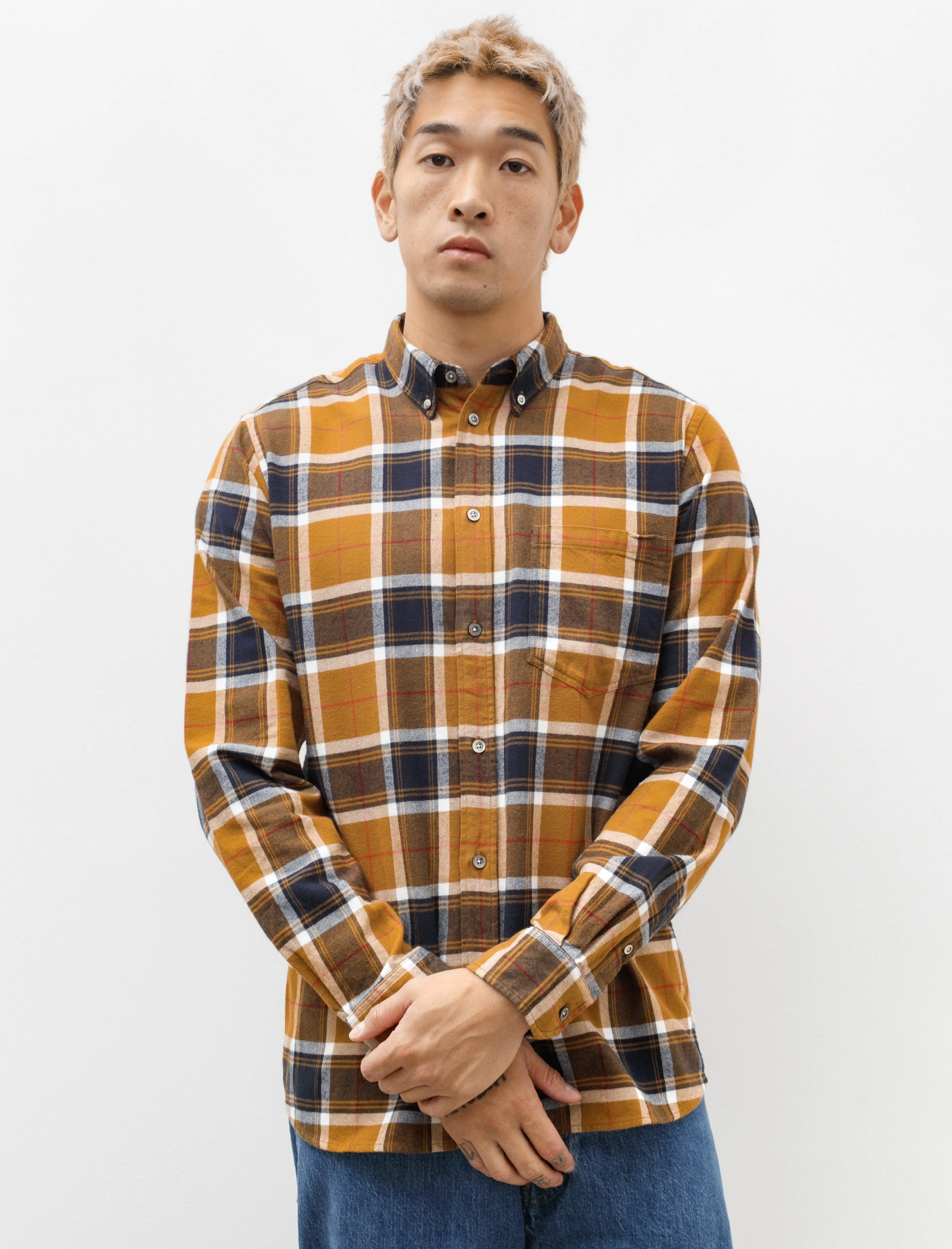 Anton Organic Flannel Check Shirt Cumin Yellow