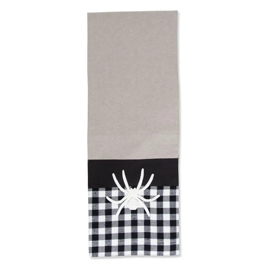 Black Halloween Table Runner with White Embroidered Spider & Plaid - 72 inch