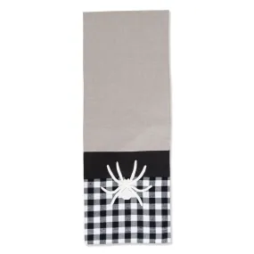 Black Halloween Table Runner with White Embroidered Spider & Plaid - 72 inch