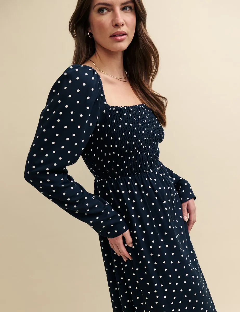 Black Spot Print Shirred Bodice Liberty Midi Dress