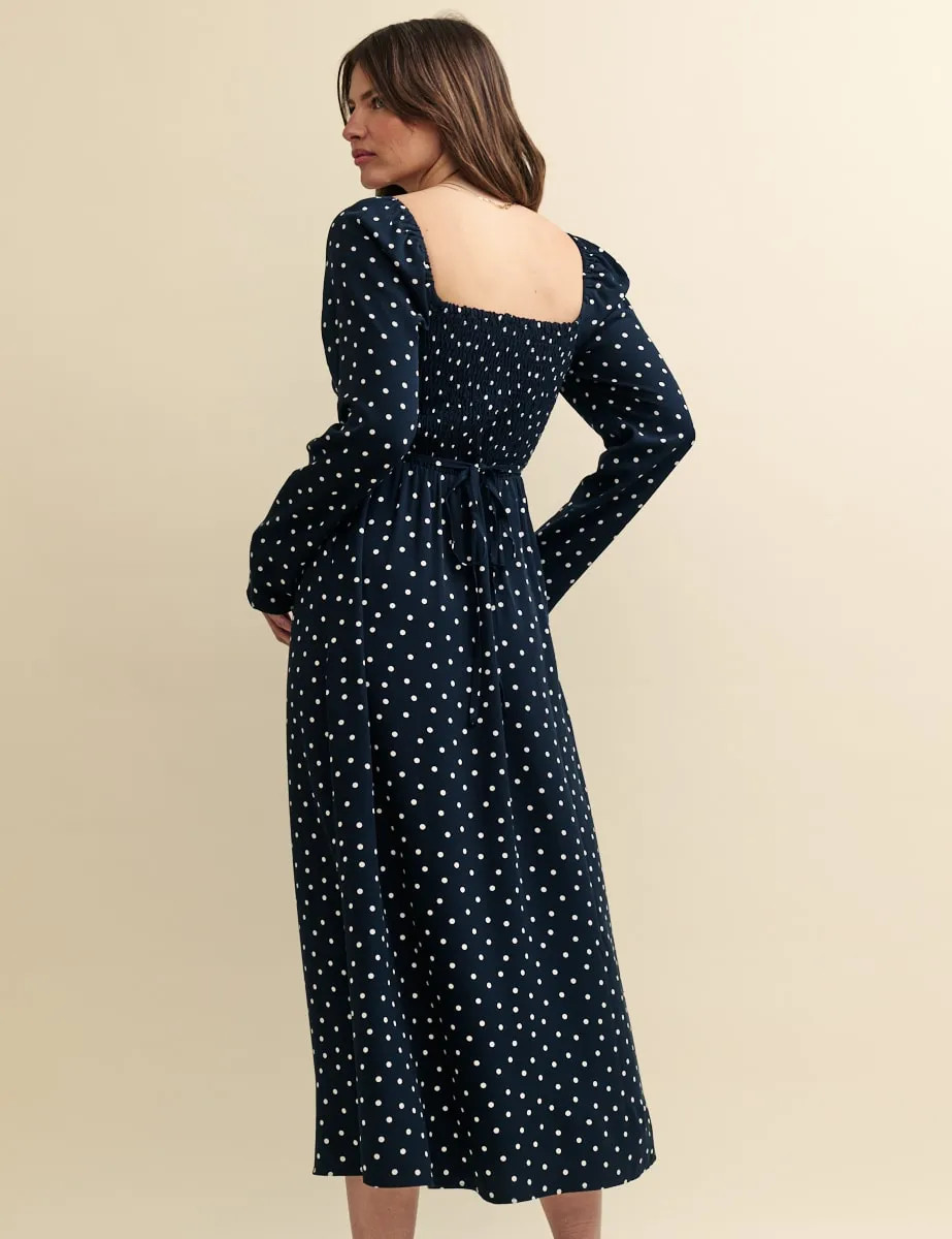 Black Spot Print Shirred Bodice Liberty Midi Dress