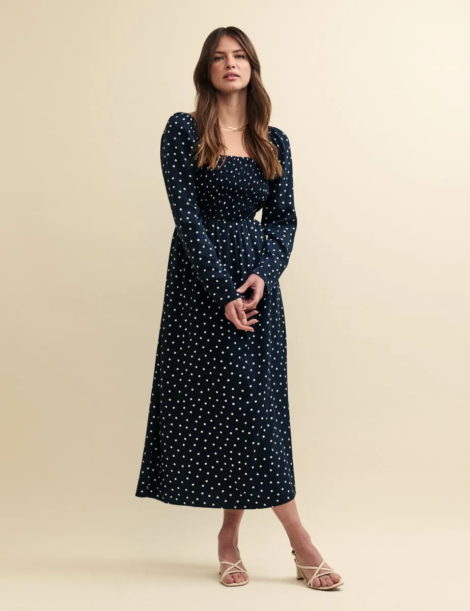 Black Spot Print Shirred Bodice Liberty Midi Dress