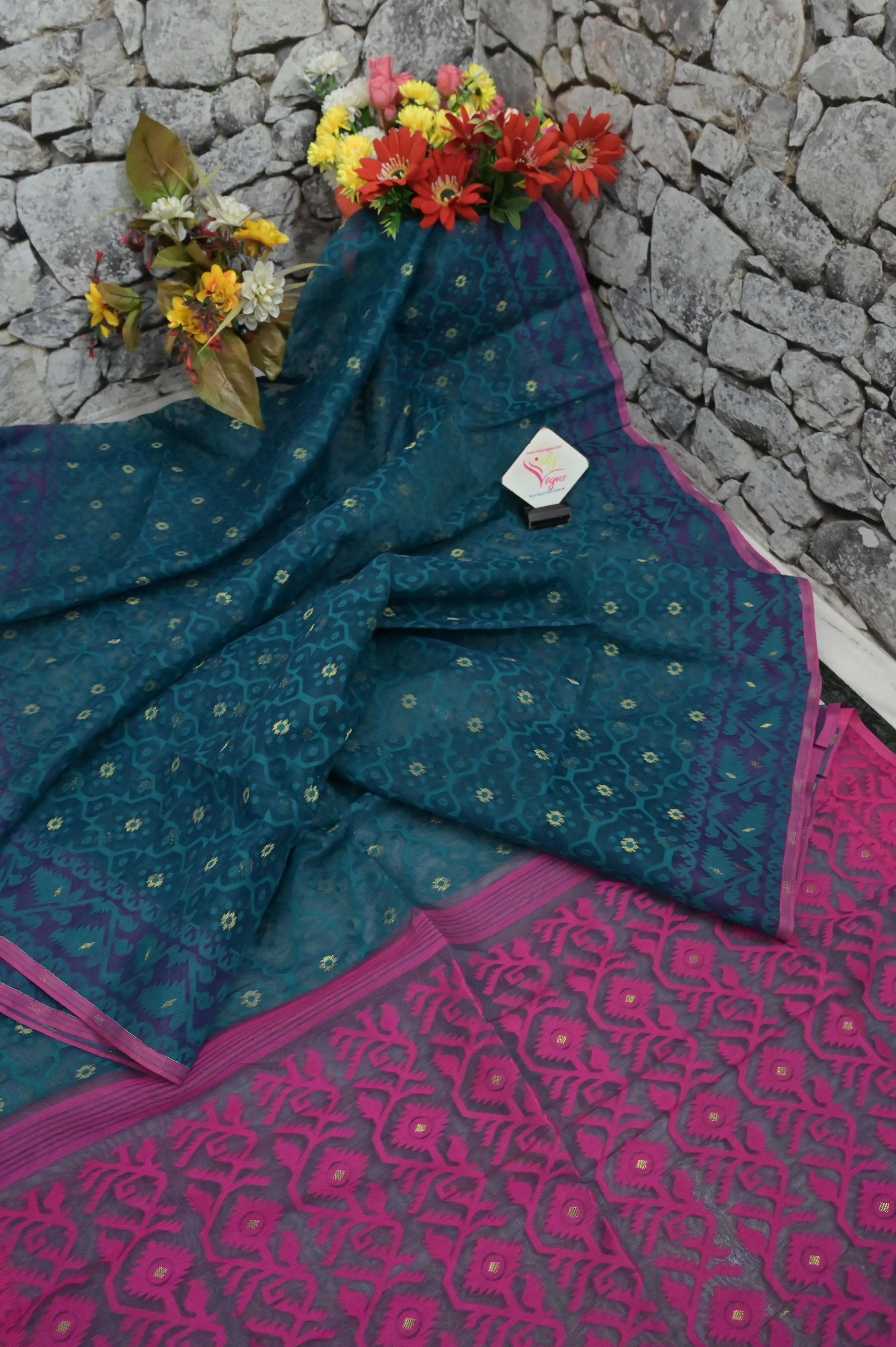 Blue and Green Combination Jamdani Saree