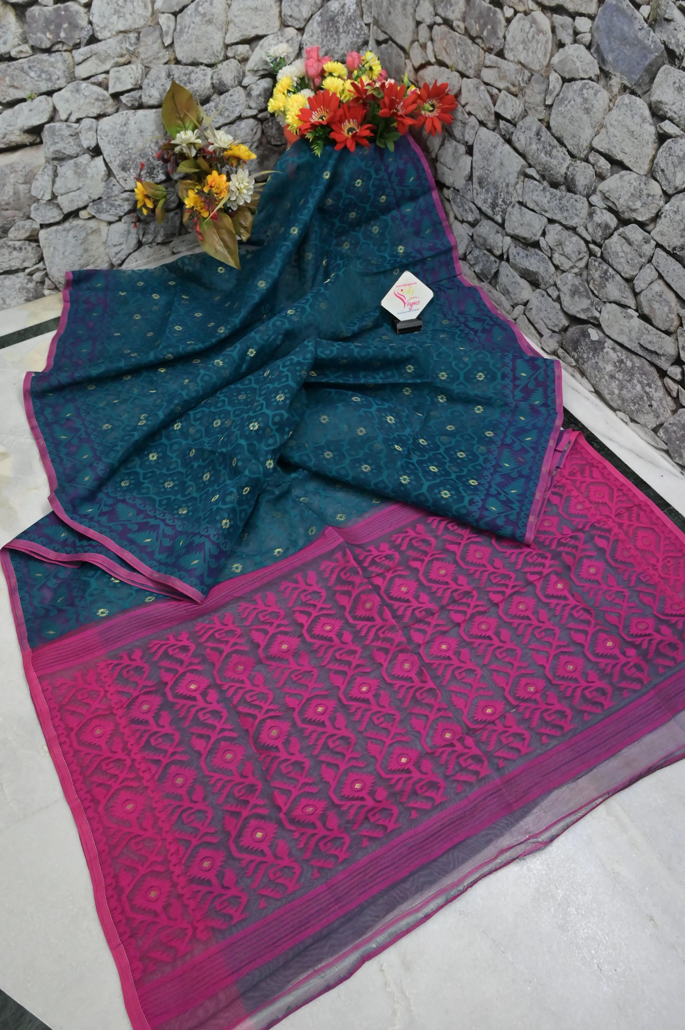 Blue and Green Combination Jamdani Saree