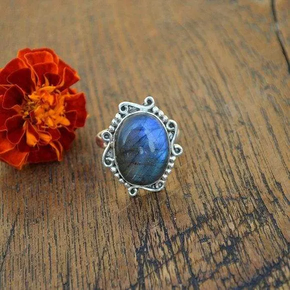 Blue Fire Labradorite 925 Sterling Silver Ring, Cabochon Labradorite Ring