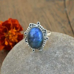 Blue Fire Labradorite 925 Sterling Silver Ring, Cabochon Labradorite Ring