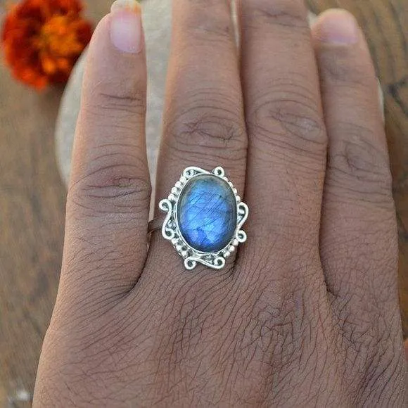 Blue Fire Labradorite 925 Sterling Silver Ring, Cabochon Labradorite Ring