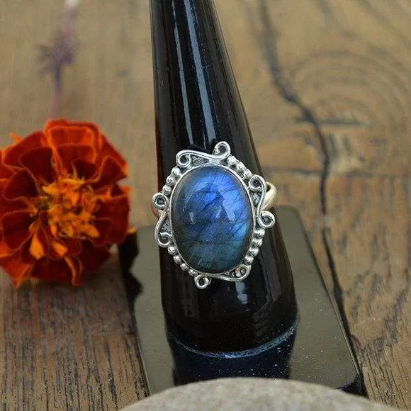 Blue Fire Labradorite 925 Sterling Silver Ring, Cabochon Labradorite Ring