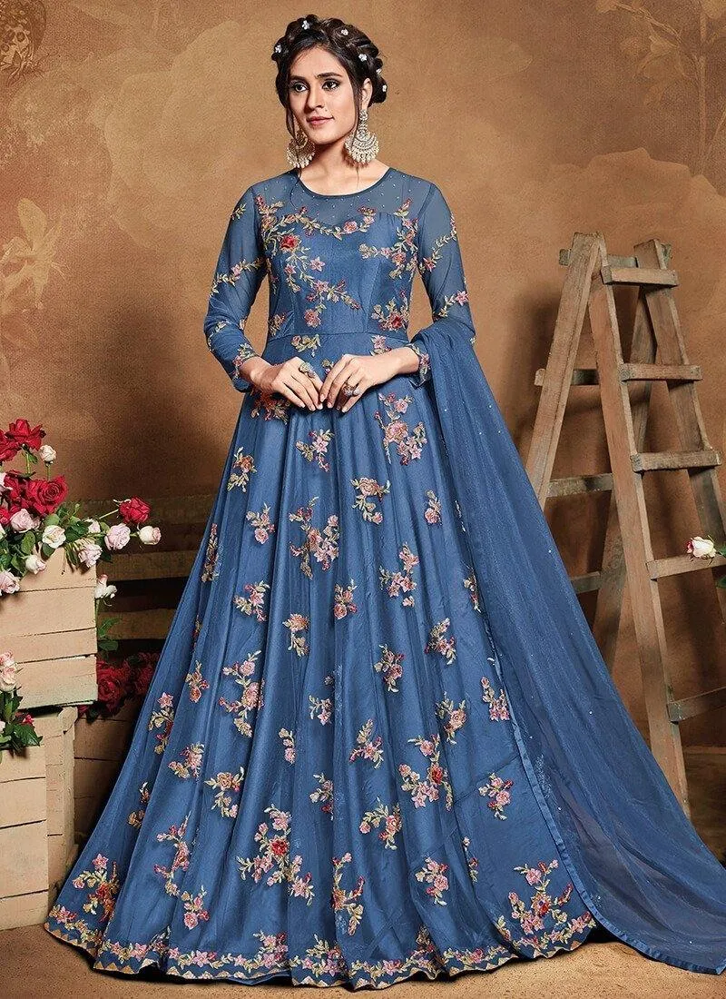 Blue Heavy Embroidered Anarkali Set- Rent