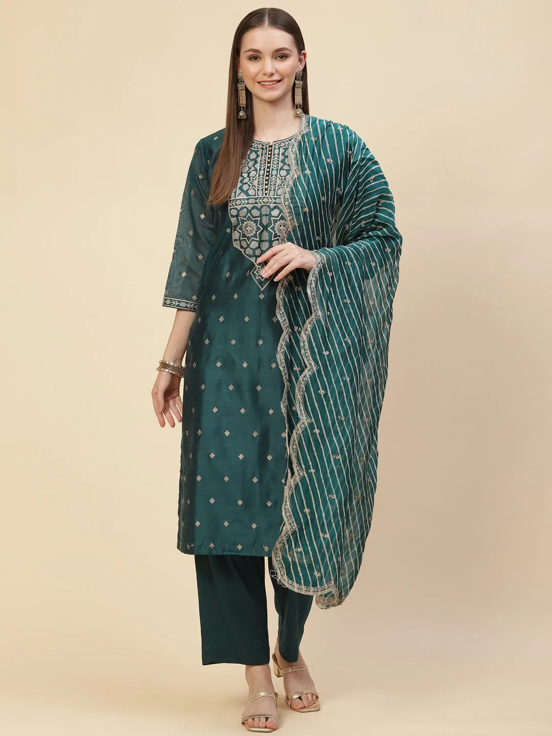 Booti Embroidered Cotton Kurta With Pants & Dupatta