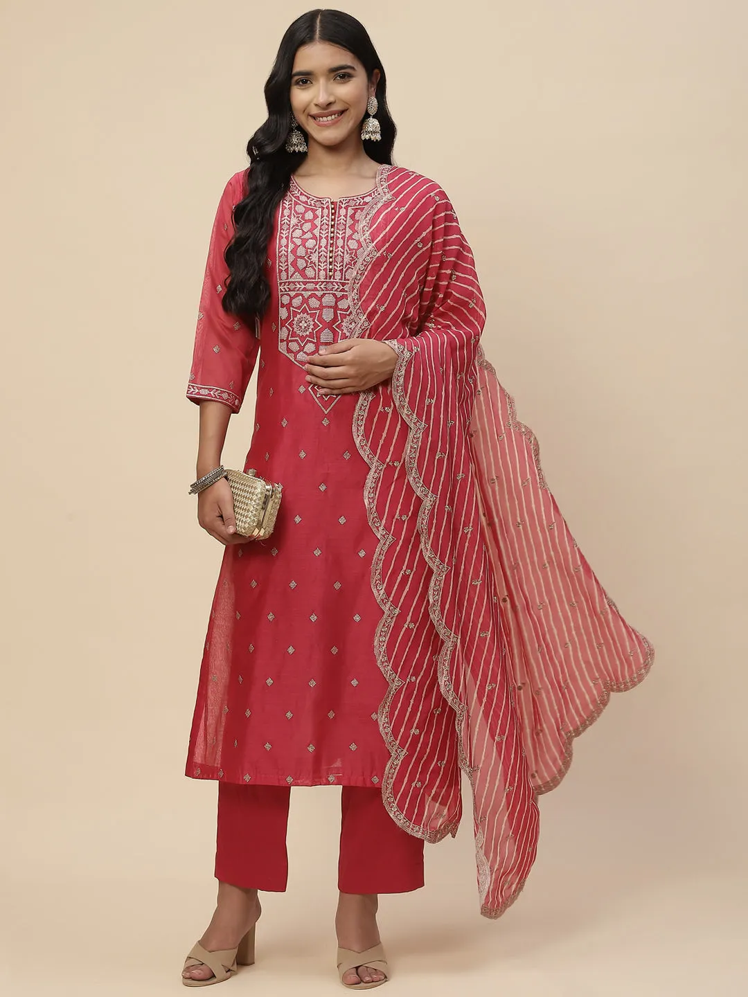 Booti Embroidered Cotton Kurta With Pants & Dupatta