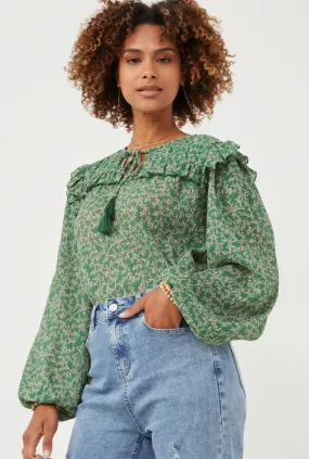 Botanical Print Ruffled Tassel Tie Top