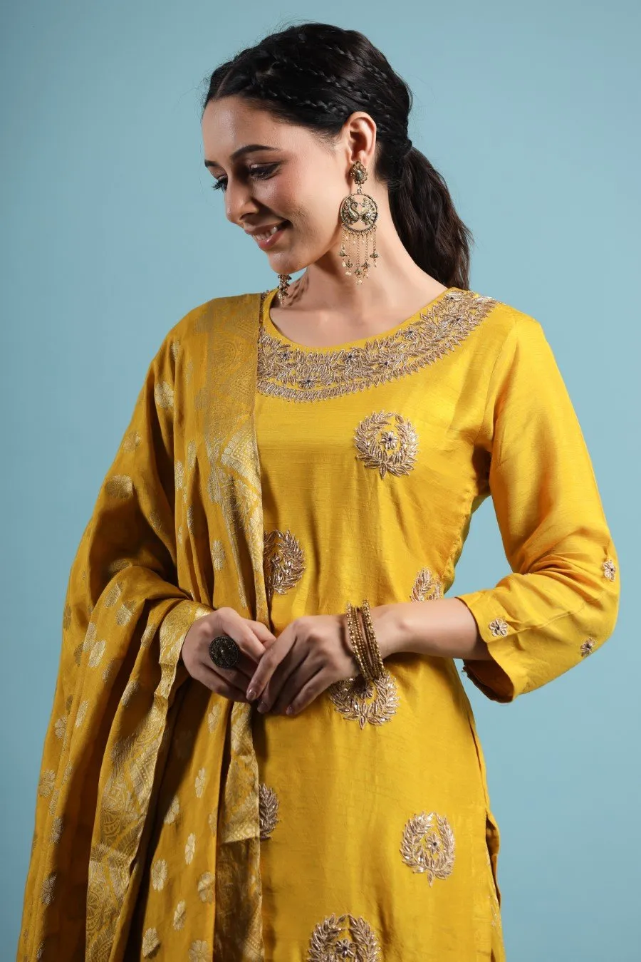 Bright Yellow Gota Patti Kurta &amp; Skirt Set