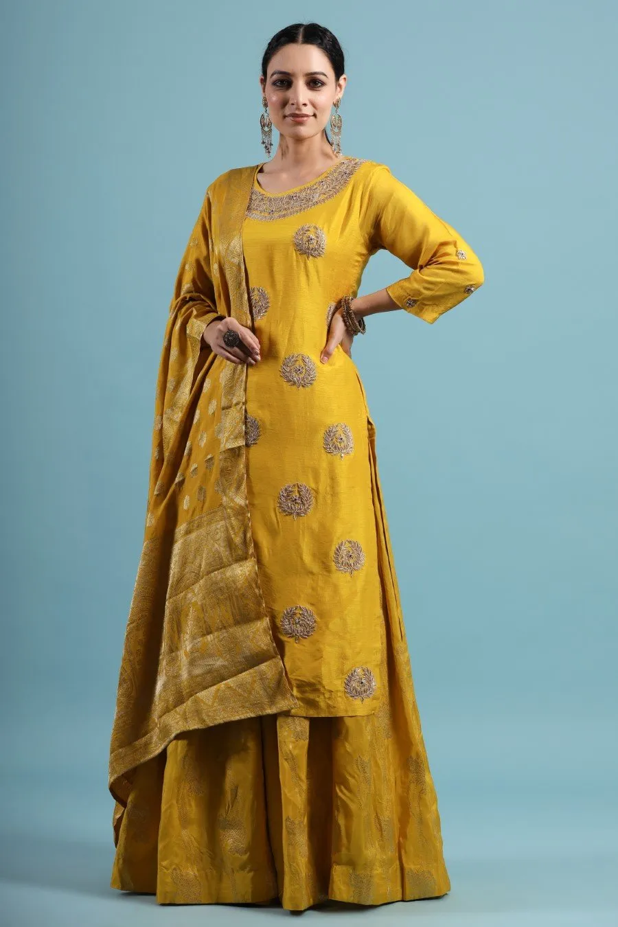 Bright Yellow Gota Patti Kurta &amp; Skirt Set