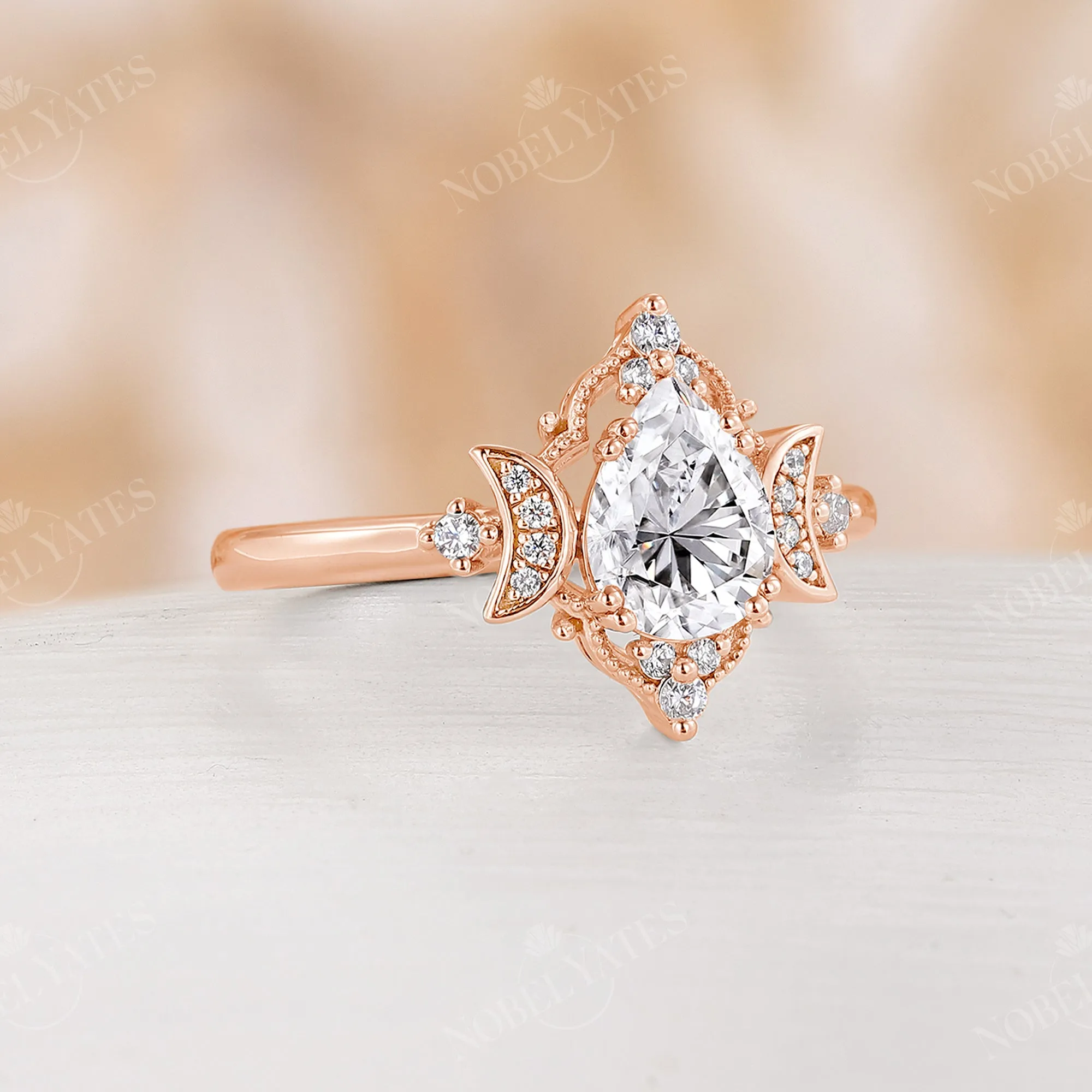 Celestial Moissanite Pear Moon Filigree Engagement Ring Rose Gold