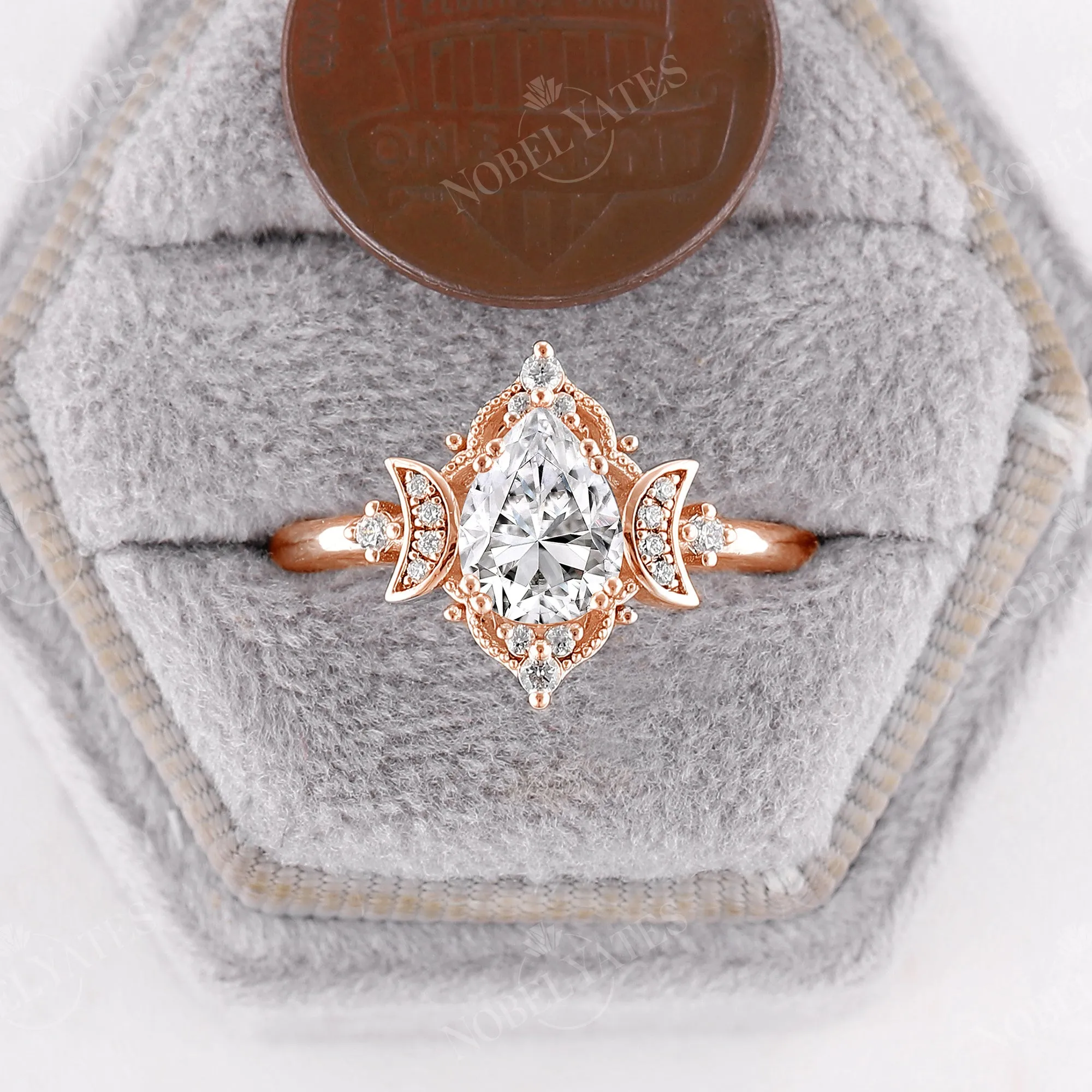 Celestial Moissanite Pear Moon Filigree Engagement Ring Rose Gold