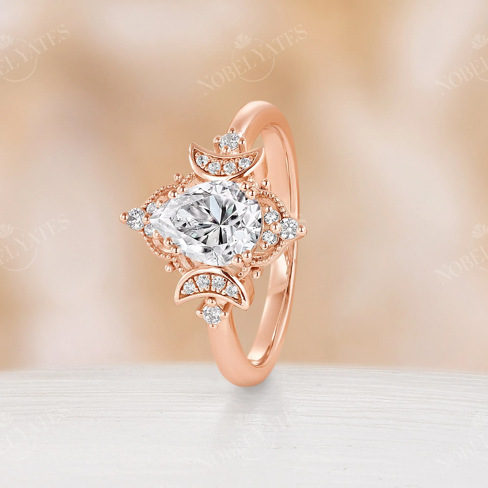 Celestial Moissanite Pear Moon Filigree Engagement Ring Rose Gold