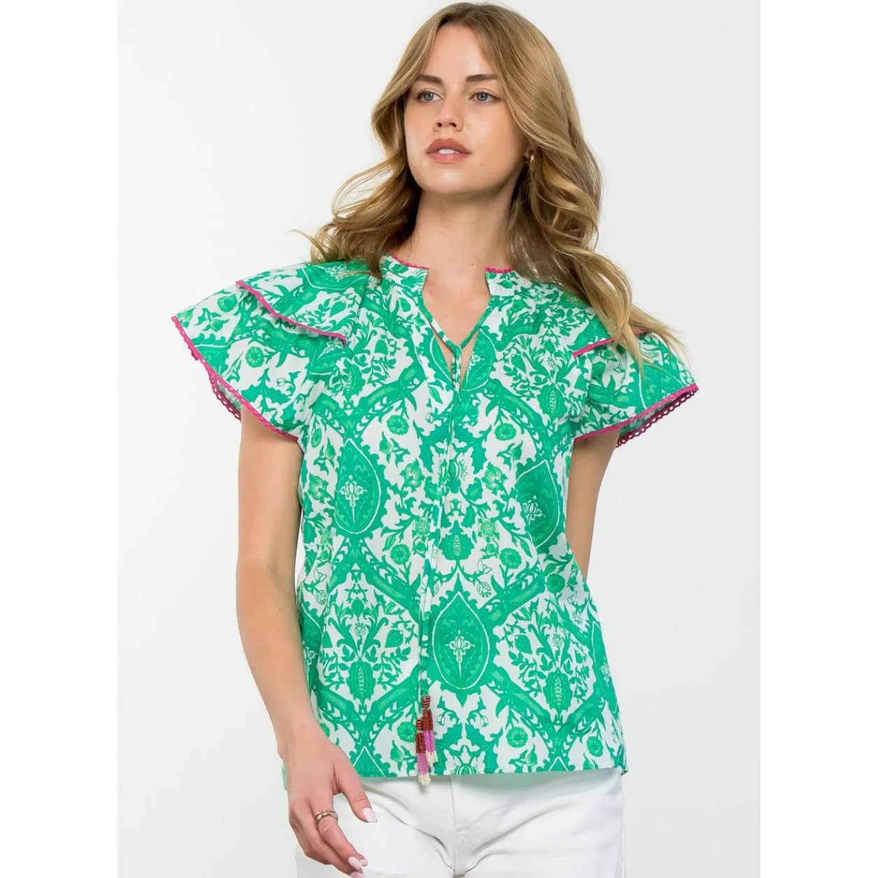 Clara Green Flutter Sleeve THML Top