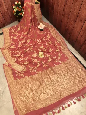 Coral Color Pure Khaddi Georgette Banarasi Saree