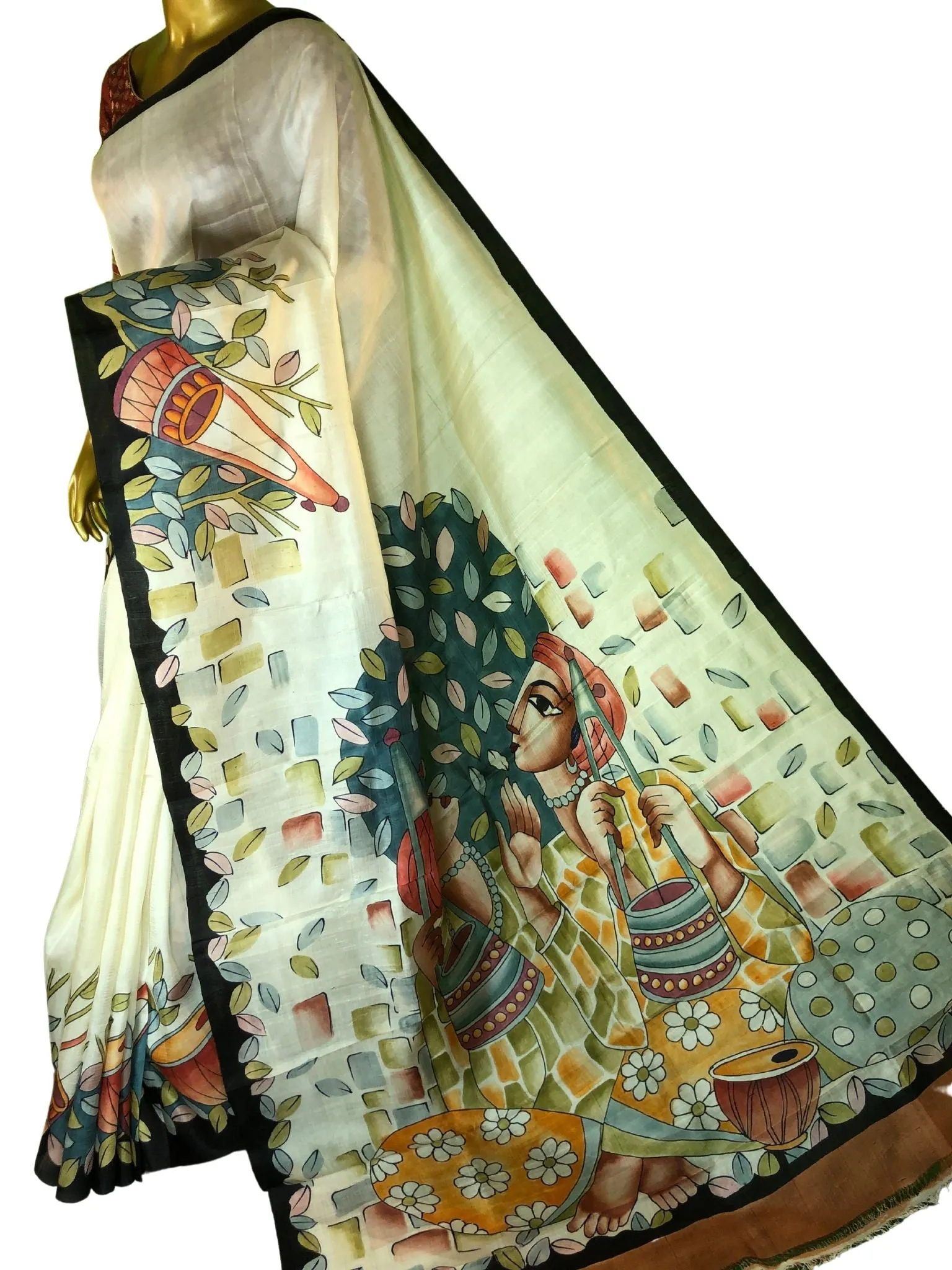 Cream Color Bishnupur Silk Saree with Jamini Roy & Madhubani Inspired Hand Painting