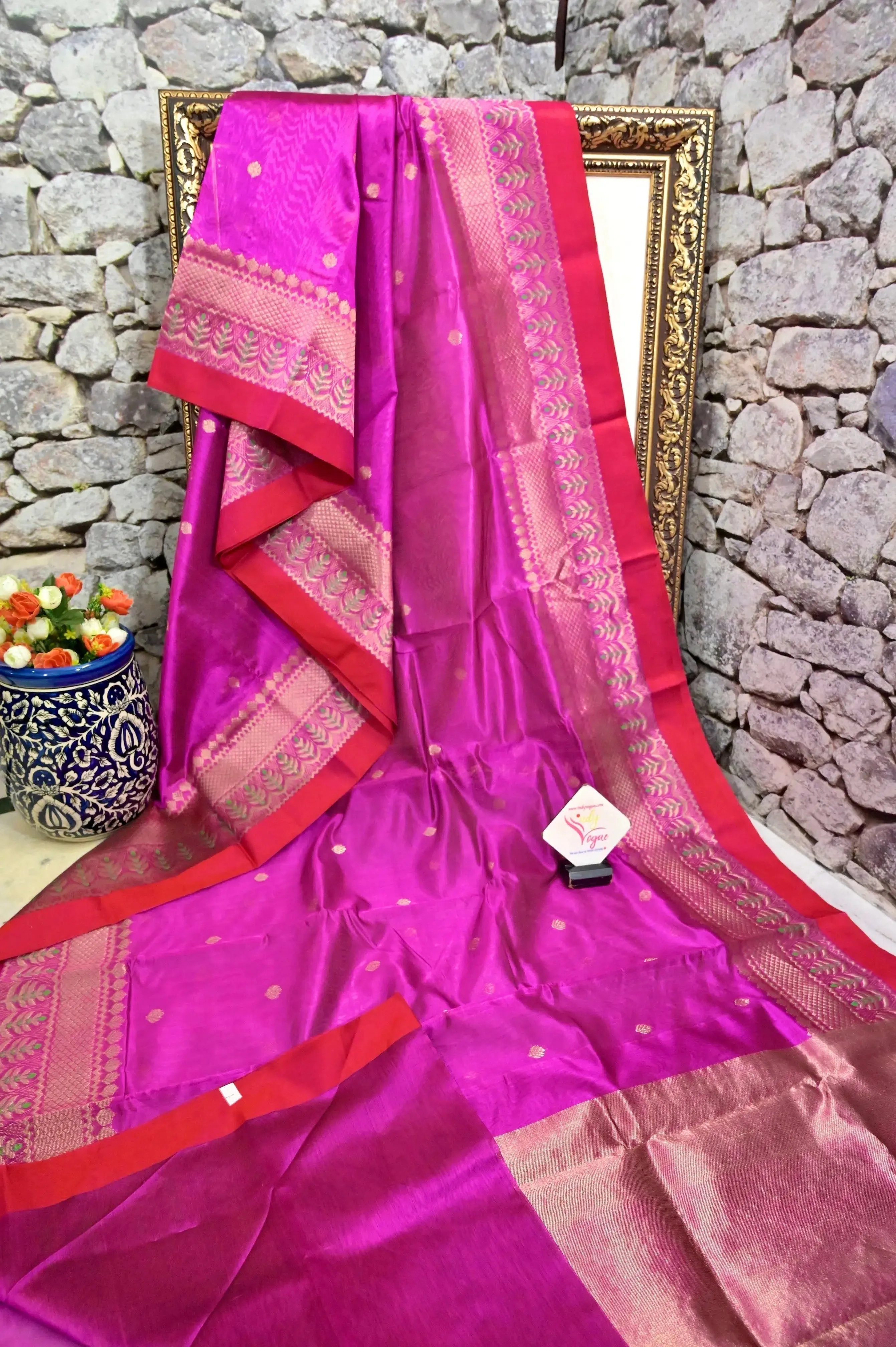 Deep Magenta Color Pure Chanderi Banarasi Saree with Meenakari Border