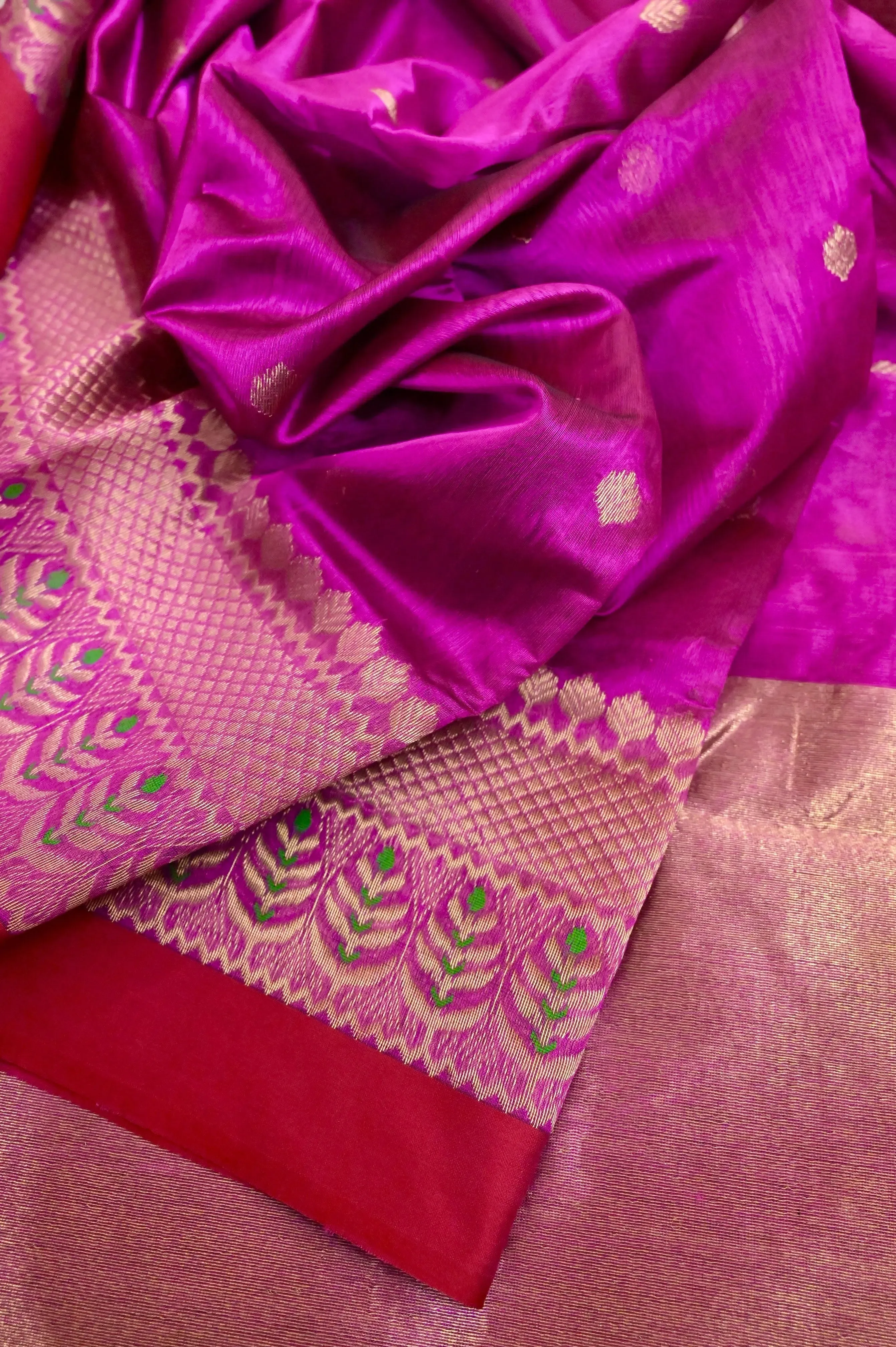 Deep Magenta Color Pure Chanderi Banarasi Saree with Meenakari Border