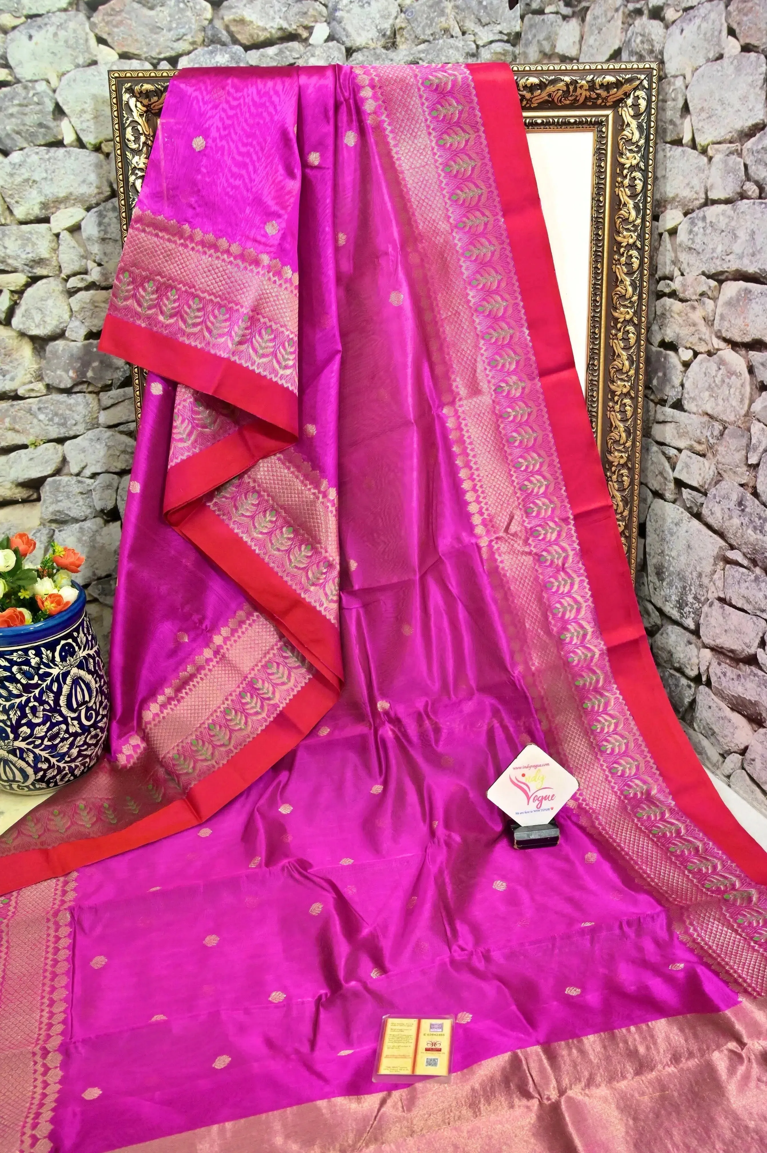 Deep Magenta Color Pure Chanderi Banarasi Saree with Meenakari Border