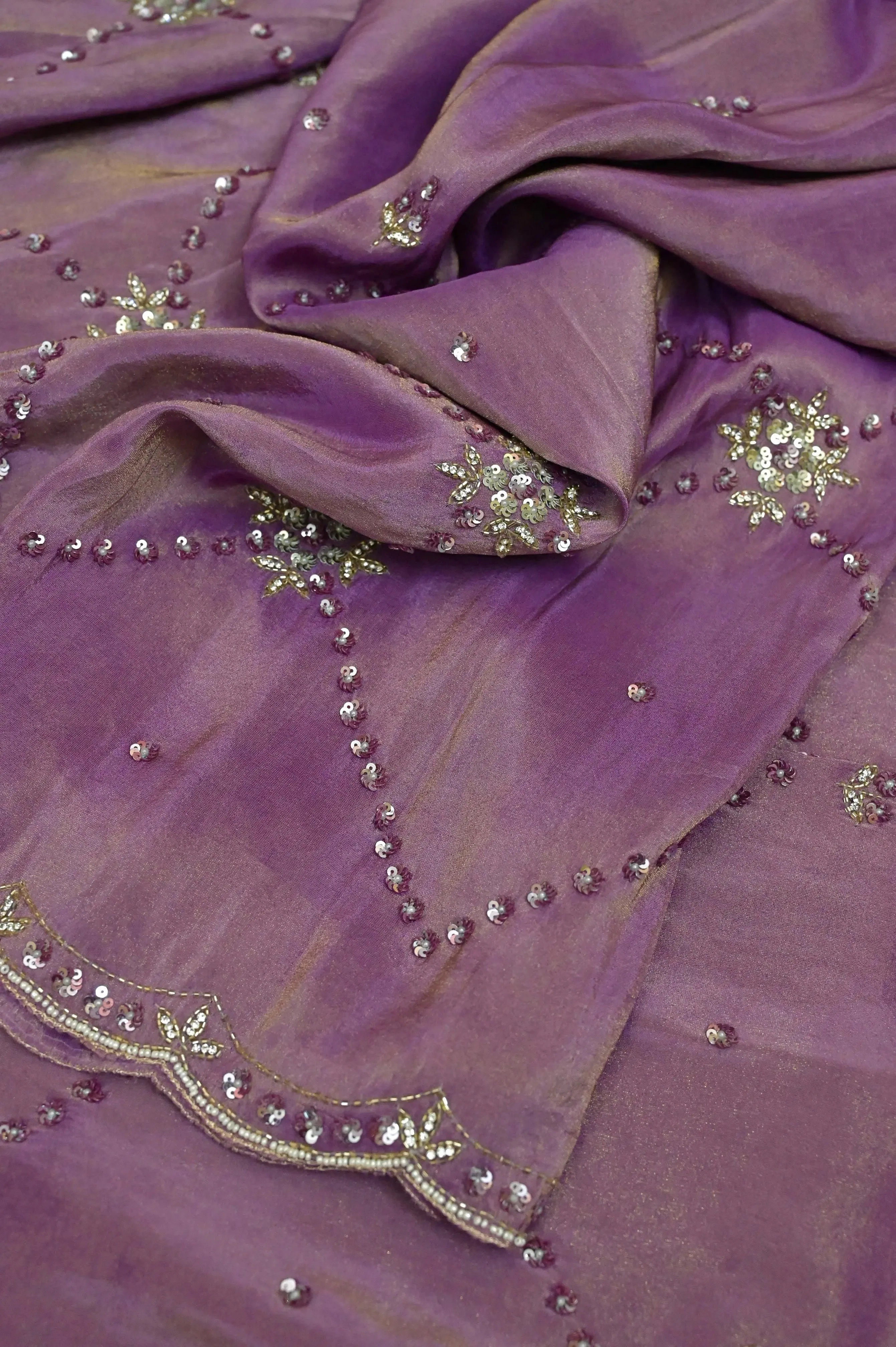 Dirty Lavender Color Georgette Tissue Saree with Hand Zardozi Work and Scallop Border