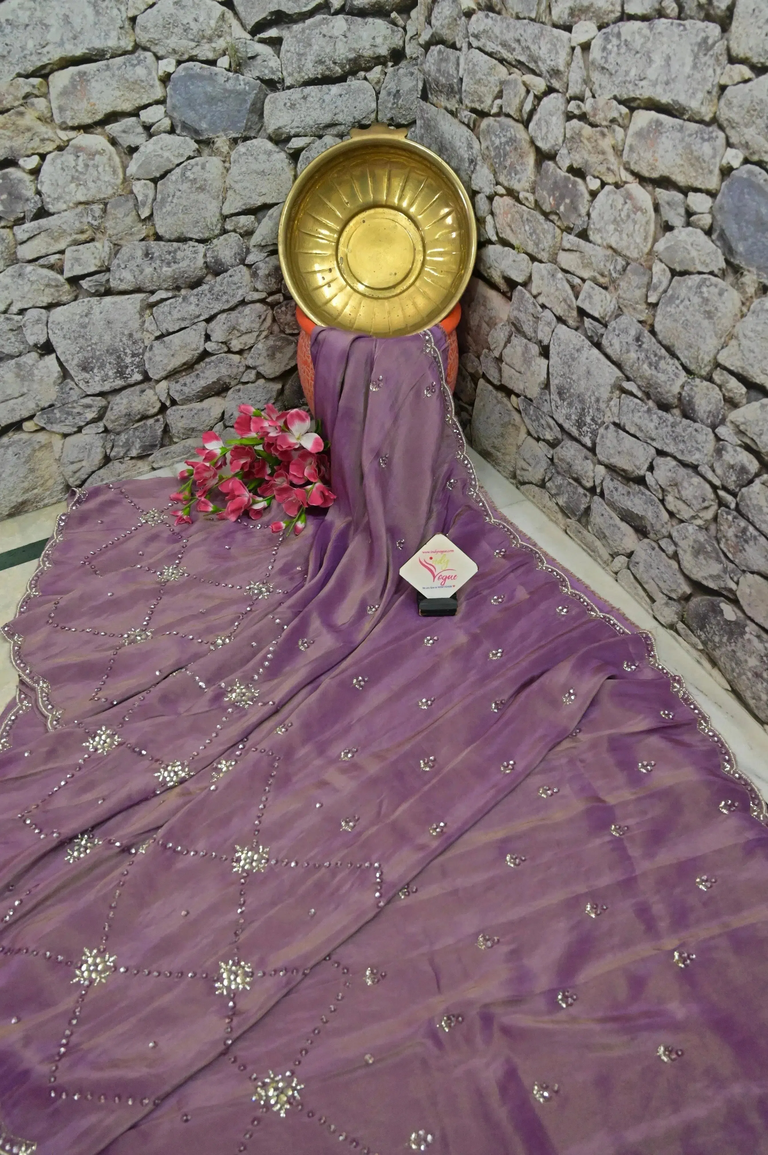 Dirty Lavender Color Georgette Tissue Saree with Hand Zardozi Work and Scallop Border