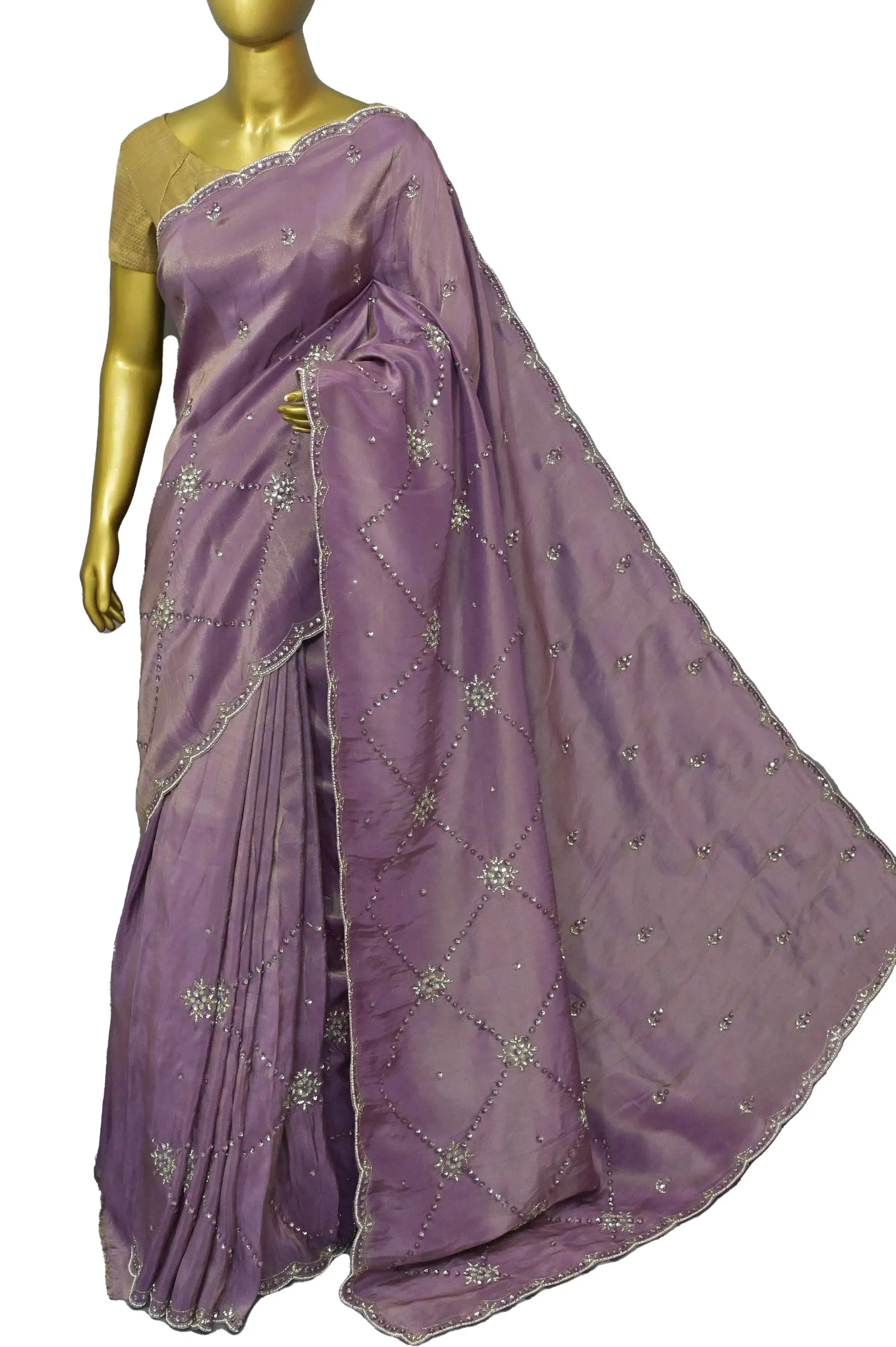 Dirty Lavender Color Georgette Tissue Saree with Hand Zardozi Work and Scallop Border