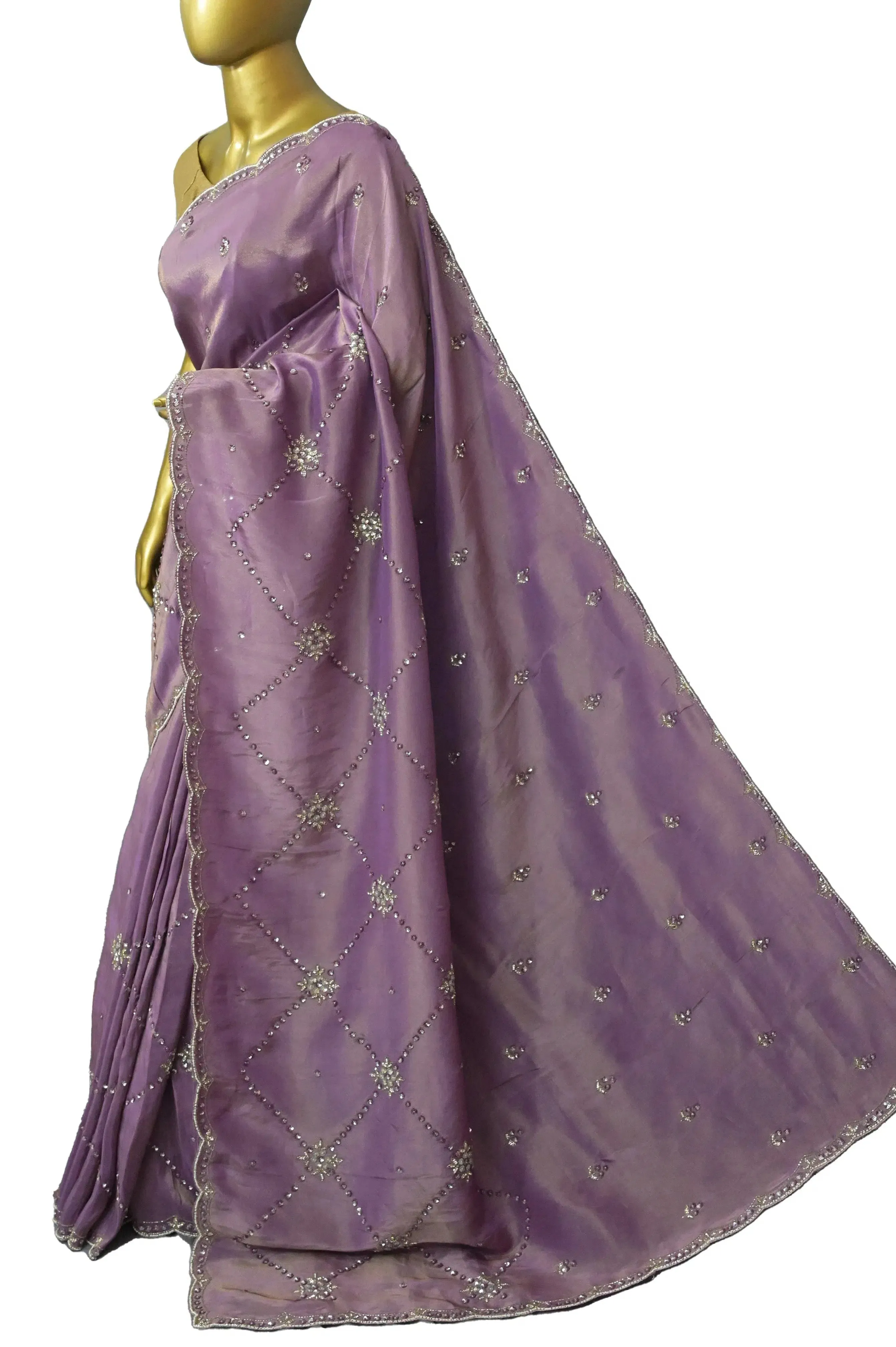 Dirty Lavender Color Georgette Tissue Saree with Hand Zardozi Work and Scallop Border