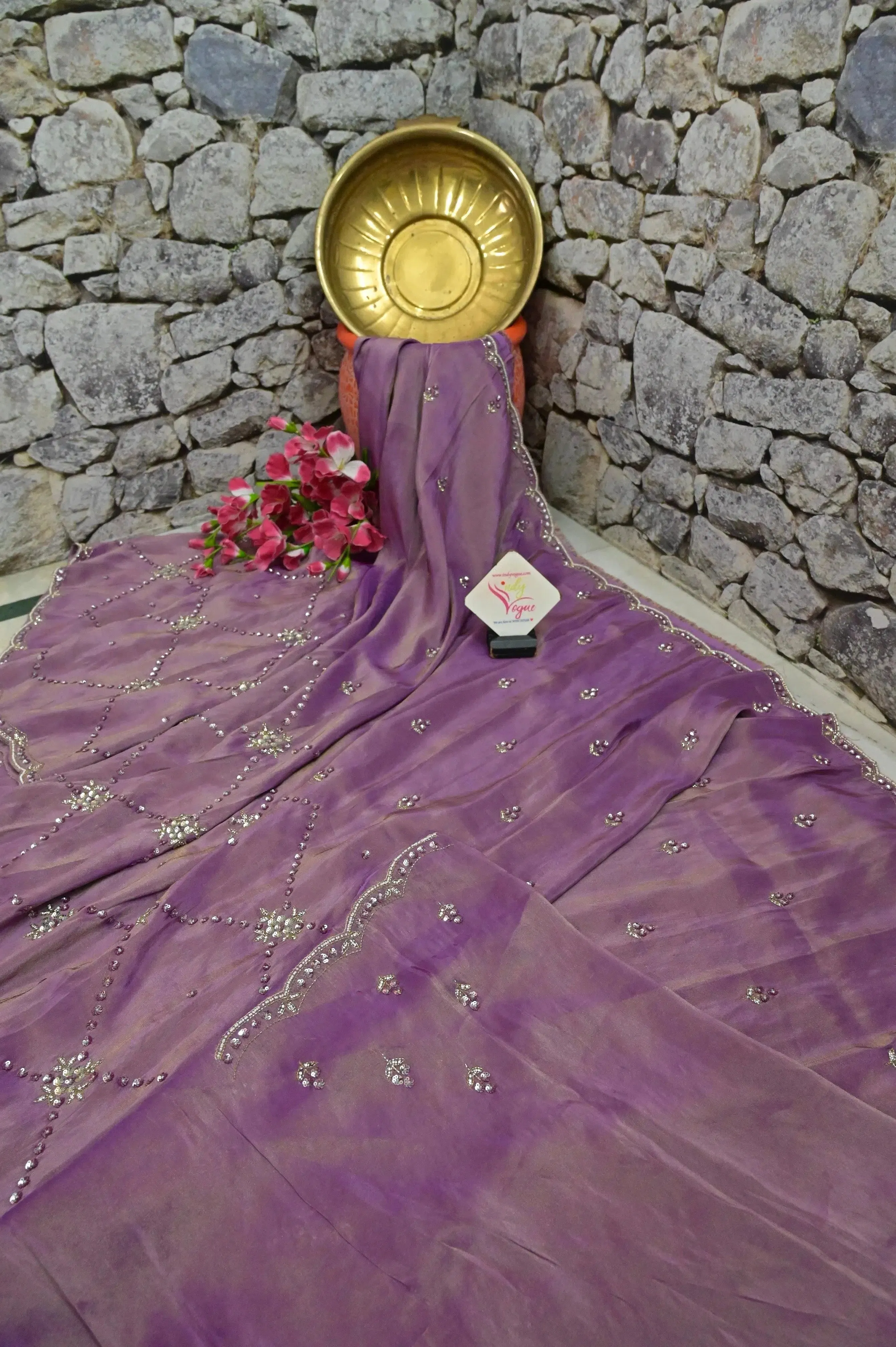 Dirty Lavender Color Georgette Tissue Saree with Hand Zardozi Work and Scallop Border